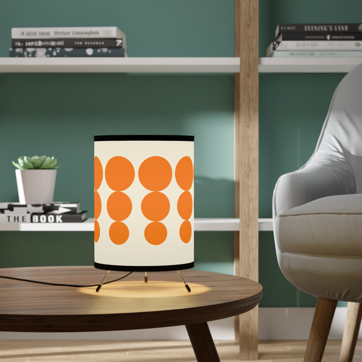 Pyrex Orange Dot, Minimalist Modern Tripod Lamp with Orange Dots - Mid Century Modern Gal