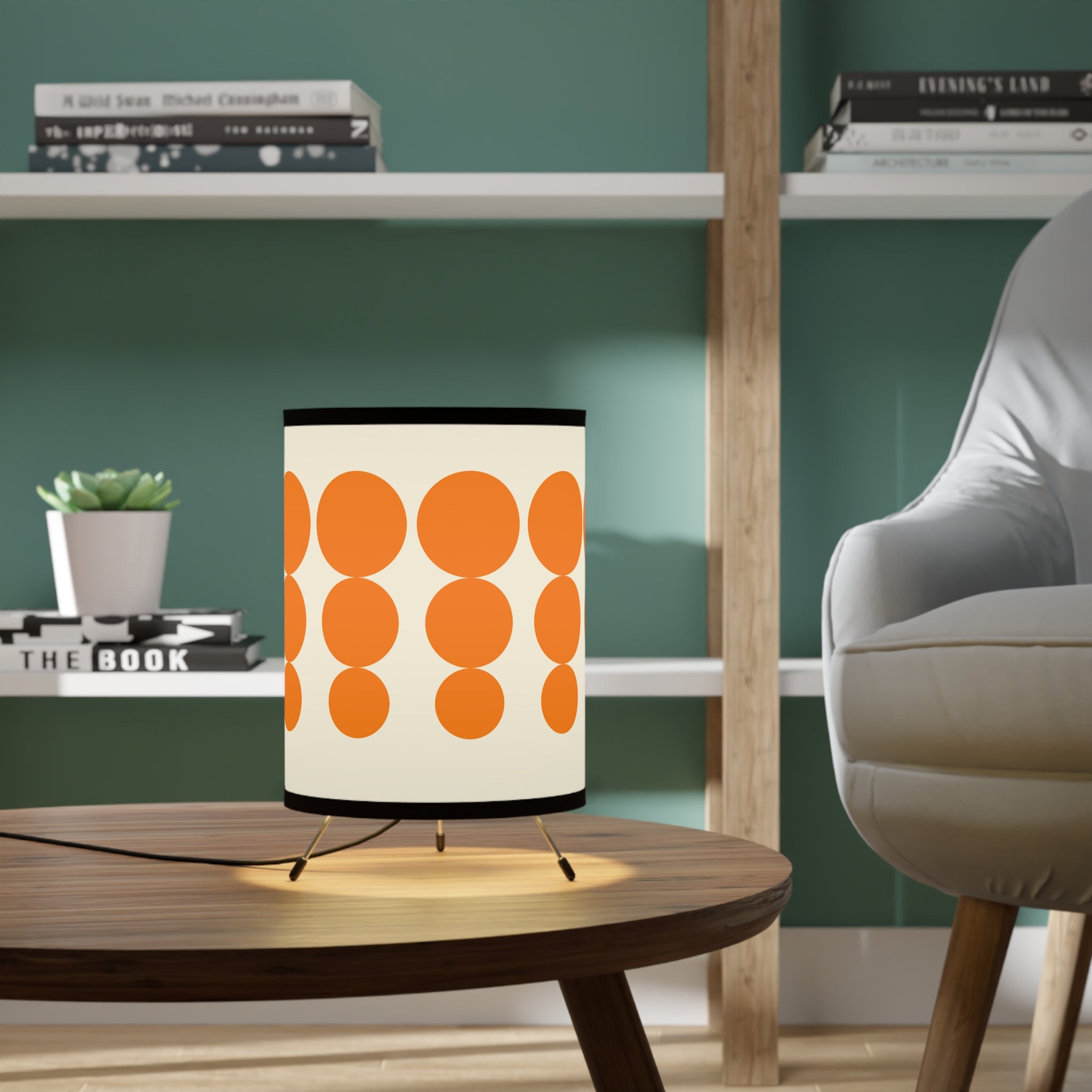 Pyrex Orange Dot, Minimalist Modern Tripod Lamp with Orange Dots - Mid Century Modern Gal