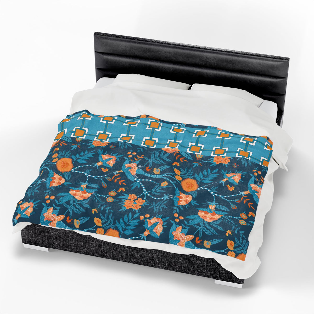 Chinoiserie Throw Blanket Blue, Orange Tropical Floral Velveteen Plush Blanket - Cozy Home Decor for All Seasons - Mid Century Modern Gal