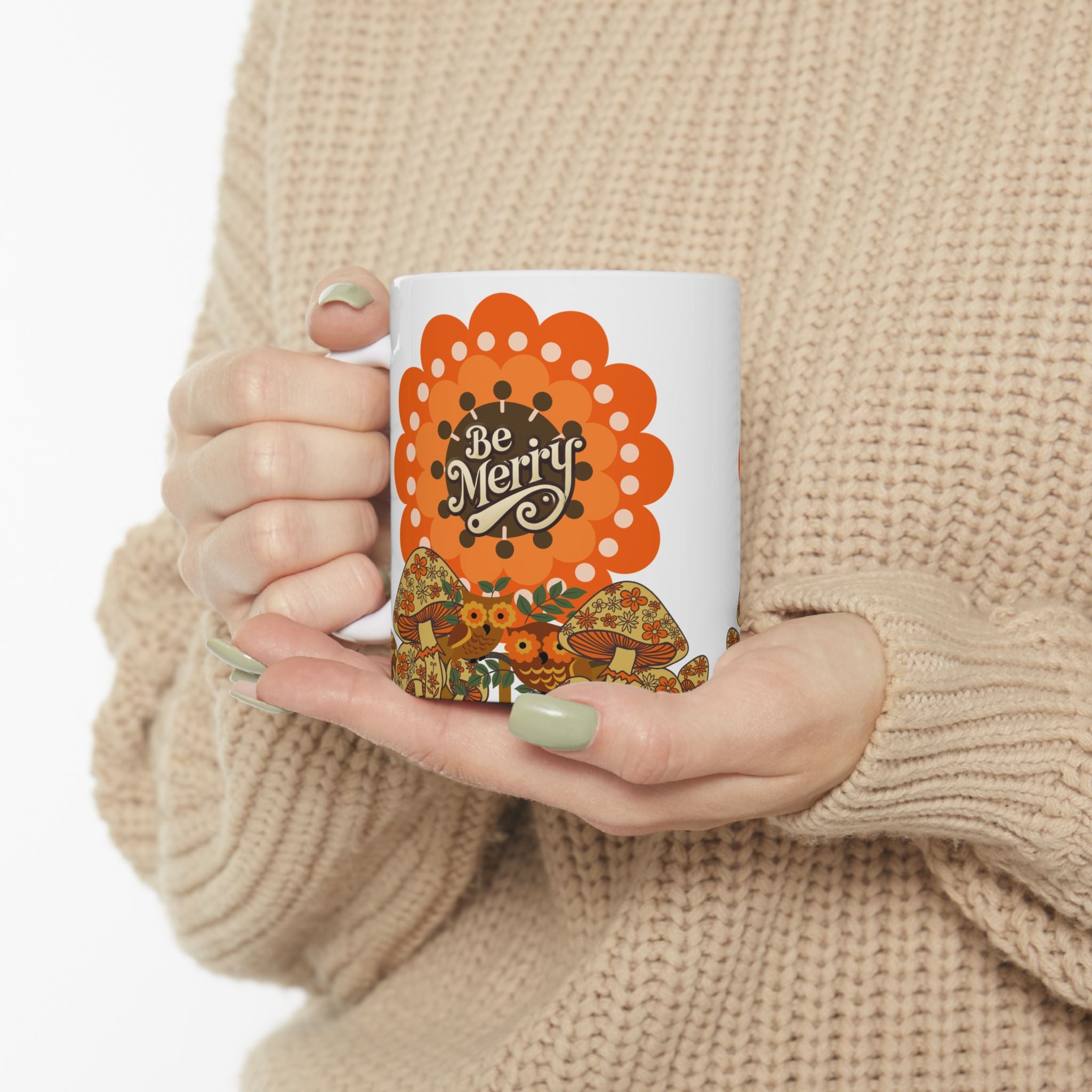 Sears Merry Mushroom, Be Merry 70s Flower Power Groovy Gal Whimsical Floral Ceramic Mug - Mid Century Modern Gal