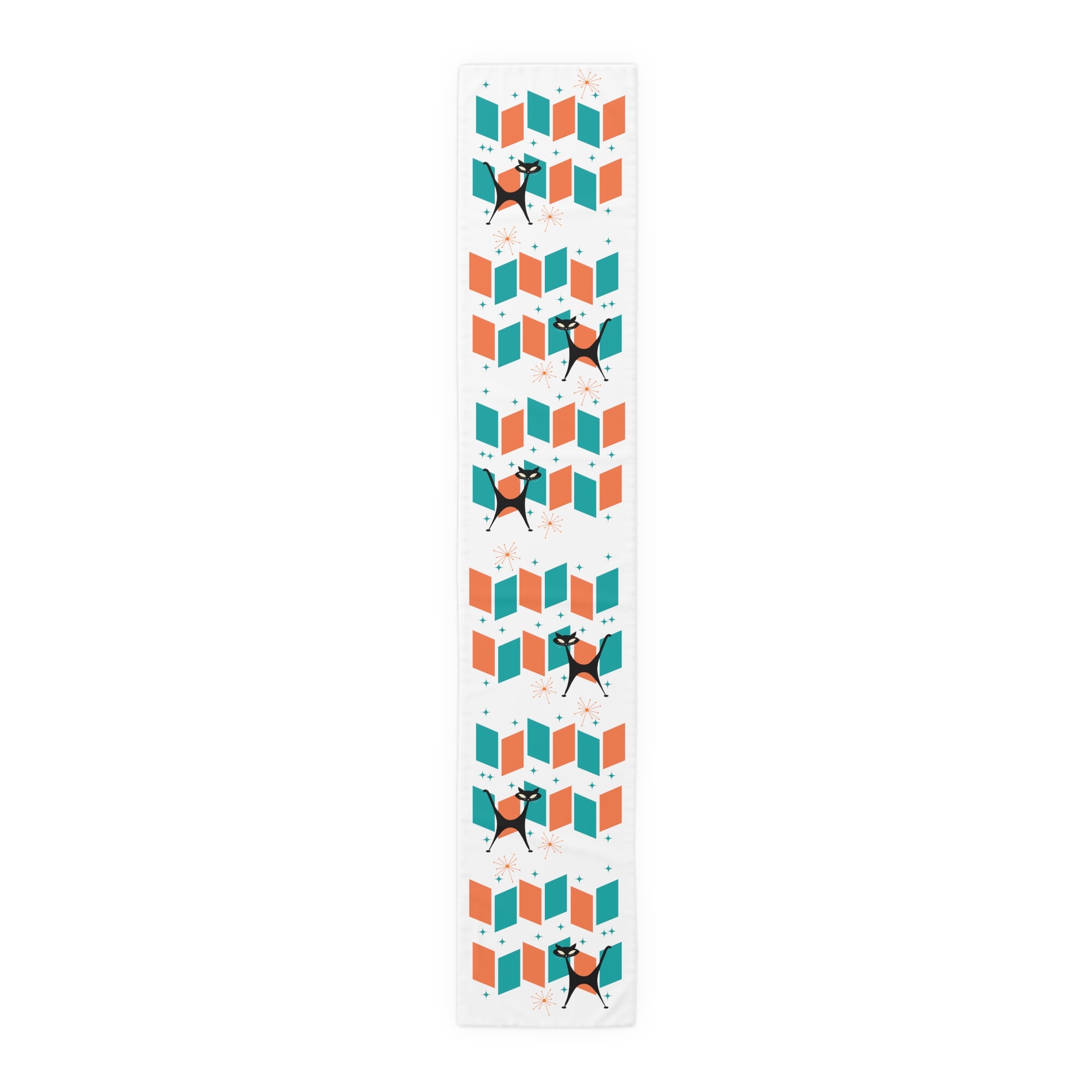 Atomic Cat Mid Mod Orange, Teal, Kitschy Retro Table Runner - Mid Century Modern Gal