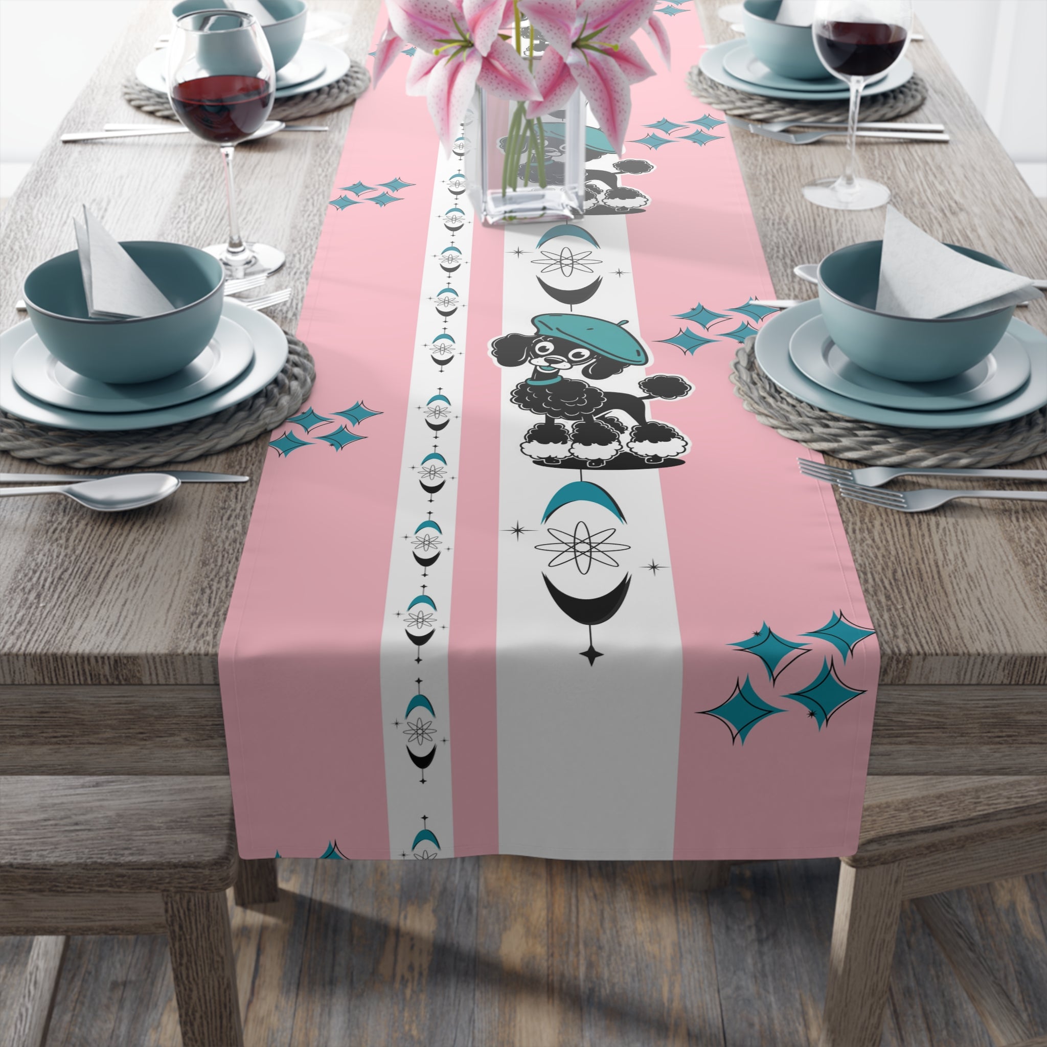 Atomic Poodle Mid Century Modern Pink Whimsical Cosmic Table Runner - Mid Century Modern Gal