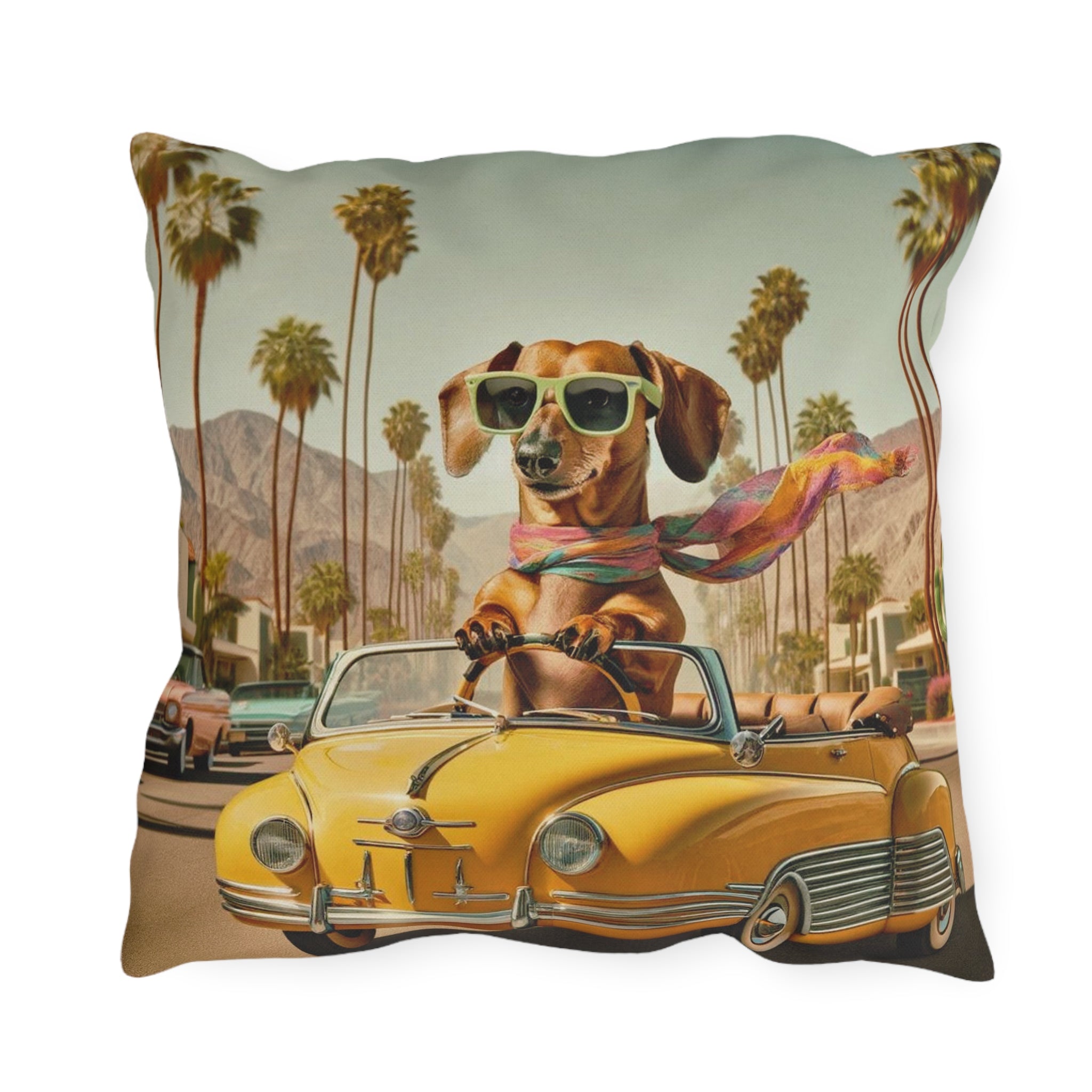 Doxie Dog, Retro Palm Springs Cali Kitschy Fun Outdoor Pillows - Mid Century Modern Gal