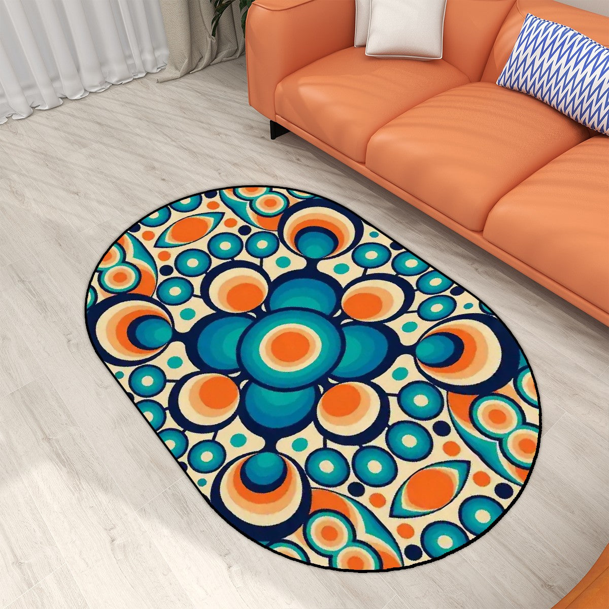 Retro Groovy Space Orbs, Orange Blue MCM Oval Rug Mat - Mid Century Modern Gal