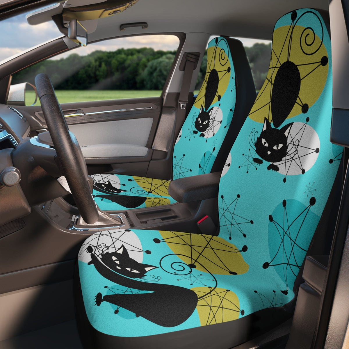 Atomic Cat, Kitschy Crazy Cat Lady, Franciscan Starburst, Aqua, Mid Century Modern, RetroCar Seat Covers All Over Prints 48.03" × 18.50" / Black