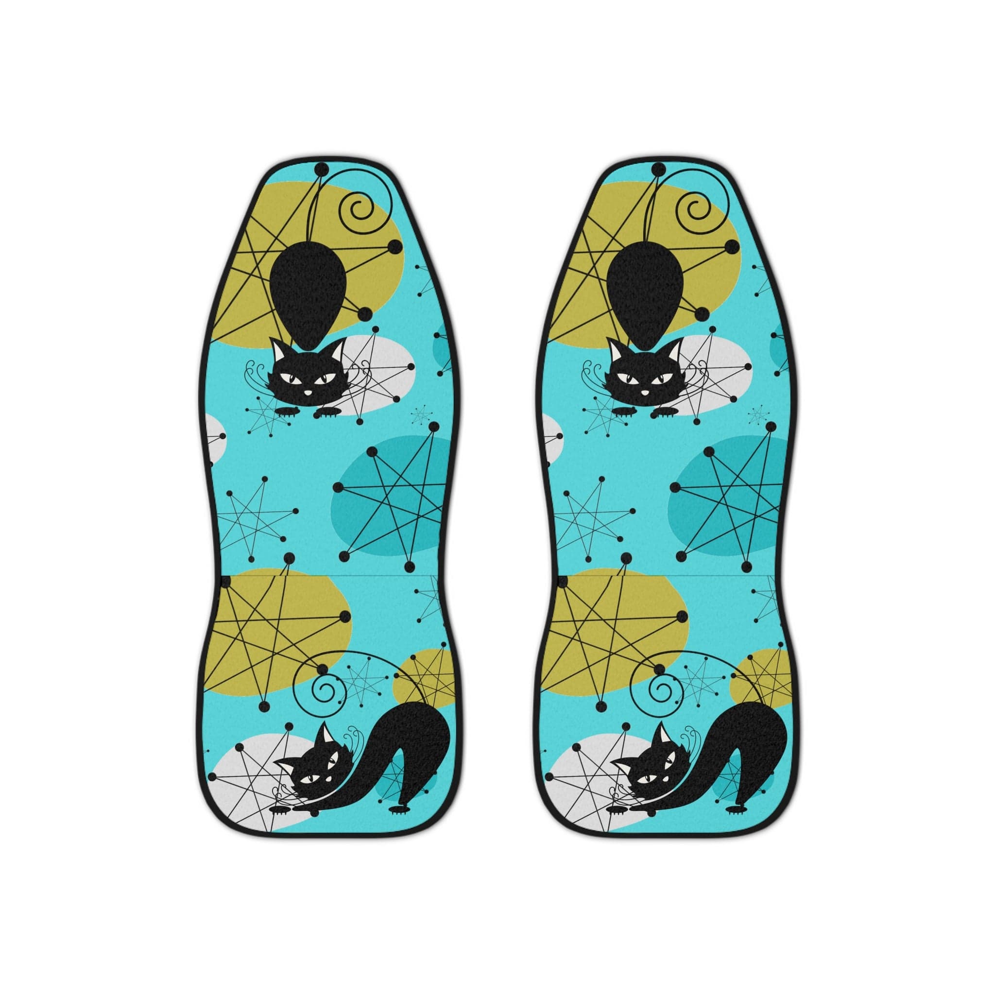 Atomic Cat, Kitschy Crazy Cat Lady, Franciscan Starburst, Aqua, Mid Century Modern, RetroCar Seat Covers All Over Prints 48.03&quot; × 18.50&quot; / Black