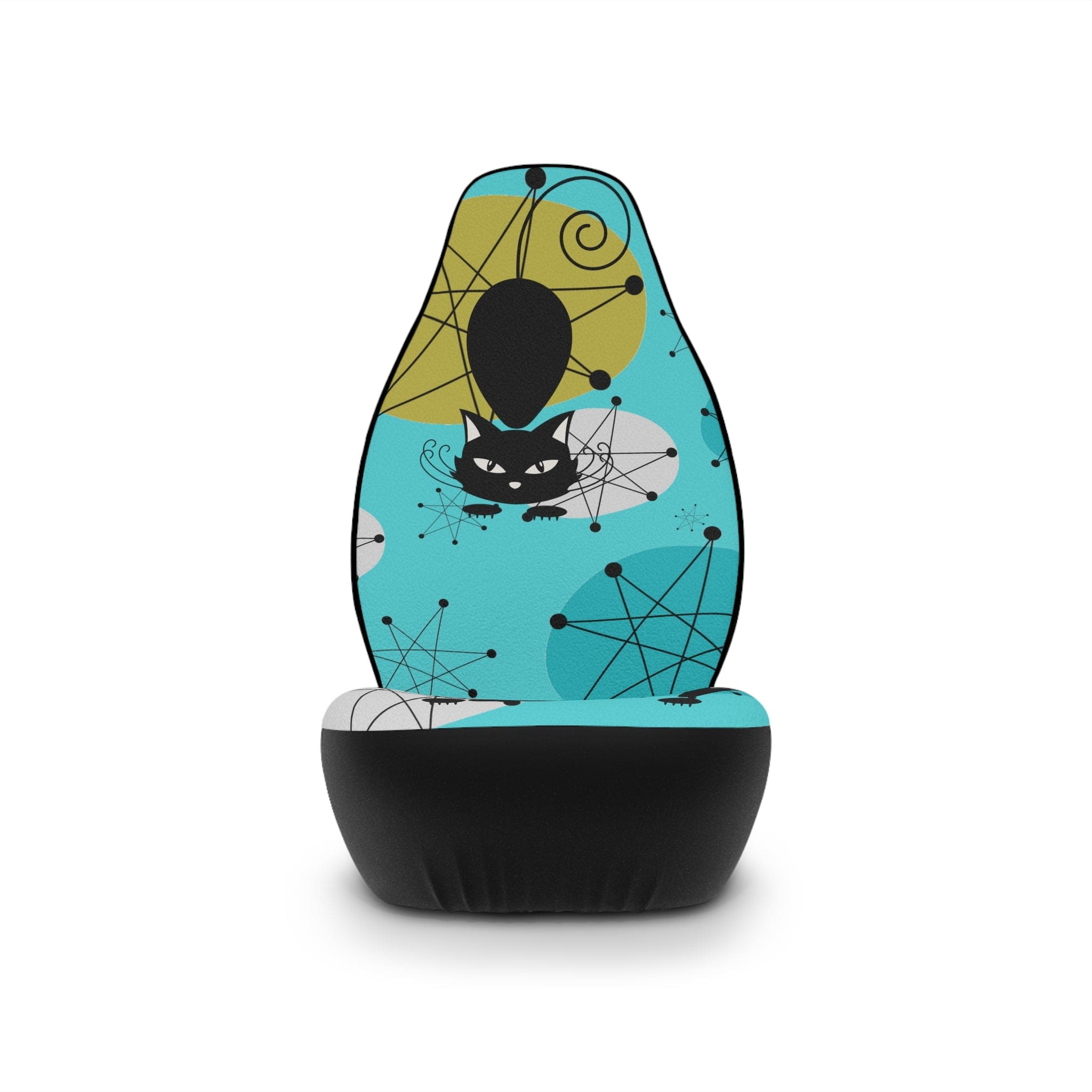 Atomic Cat, Kitschy Crazy Cat Lady, Franciscan Starburst, Aqua, Mid Century Modern, RetroCar Seat Covers All Over Prints 48.03" × 18.50" / Black