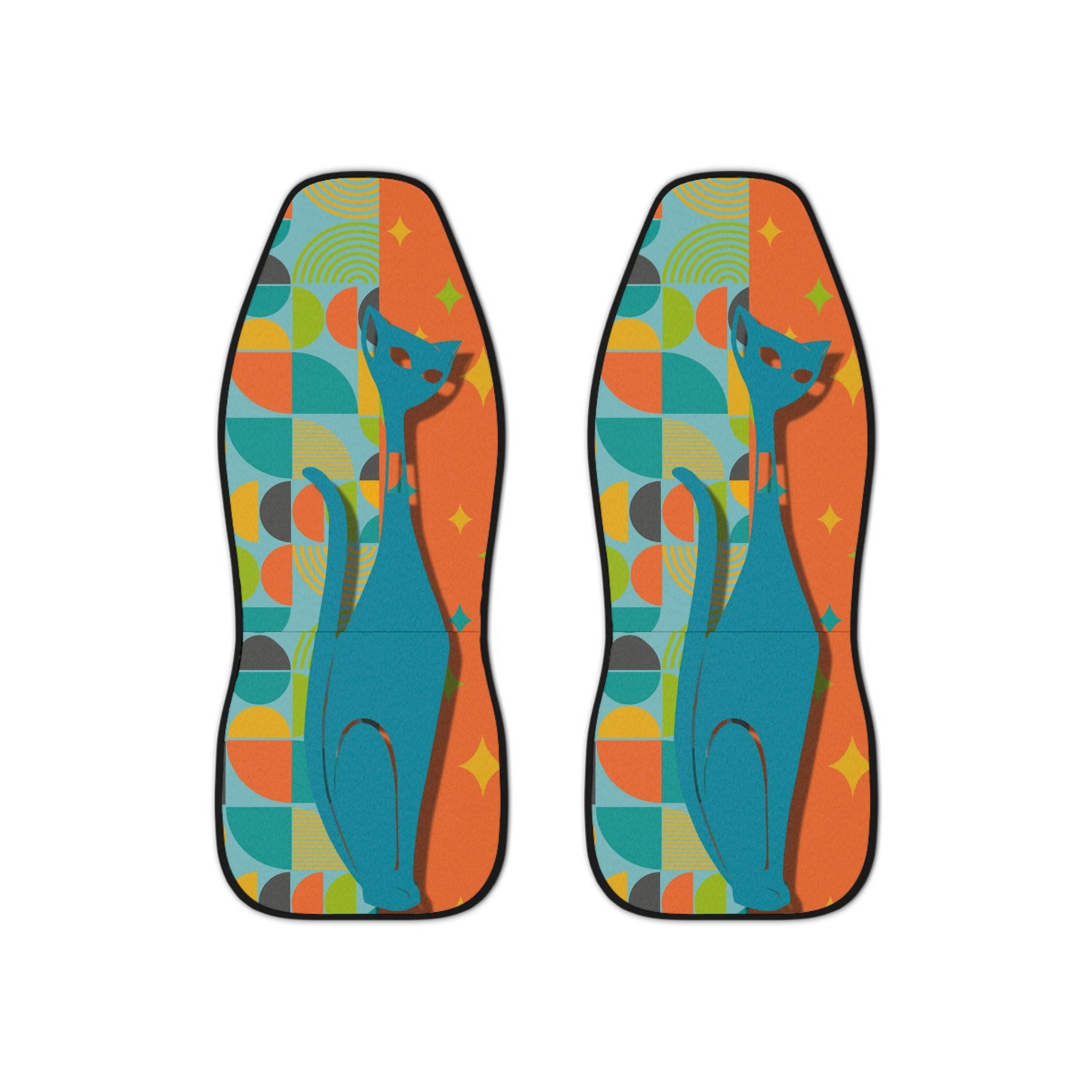 Atomic Cat, Mid Century Modern, Orange, Teal, Starburst, Retro, Fun, Bold, Beautiful Hipster Mod Car Seat Covers All Over Prints 48.03" × 18.50" / Black