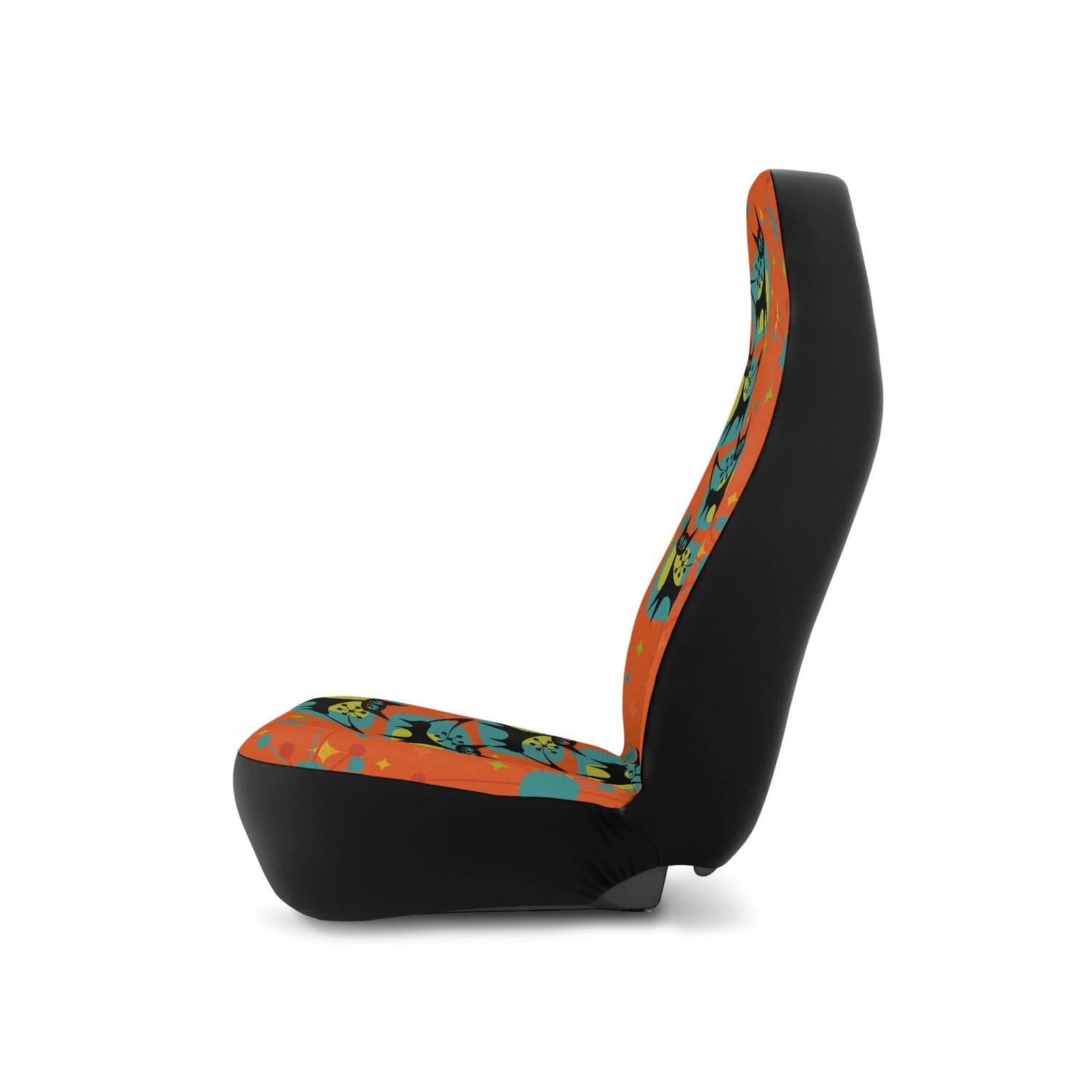 Crazy Cat Lady, Crazy Cat Mom, Kitschy Cute, Atomic Cat, Mid Century Modern Atomic Starburst, Orange, Teal, Yellow Retro Car Seat Covers All Over Prints 48.03" × 18.50" / Black