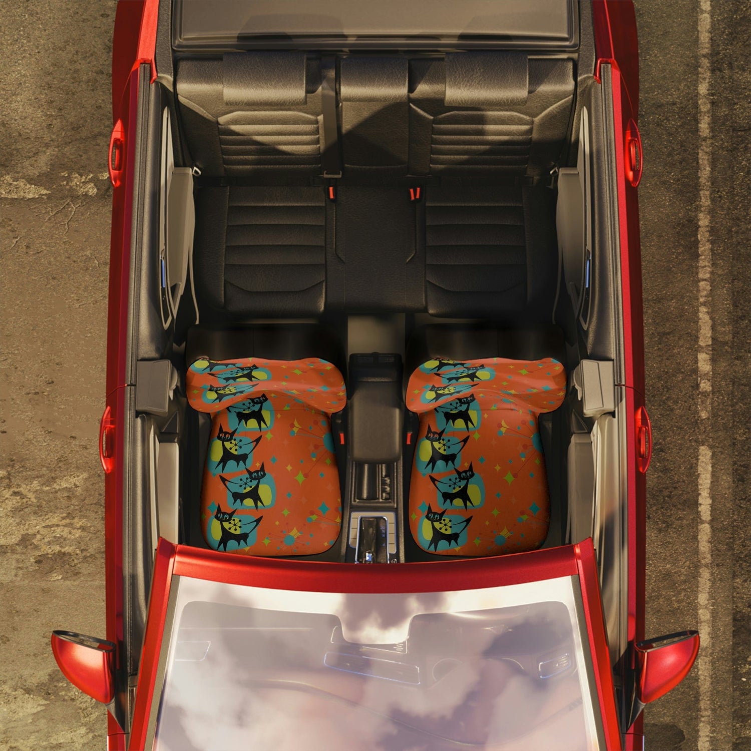 Crazy Cat Lady, Crazy Cat Mom, Kitschy Cute, Atomic Cat, Mid Century Modern Atomic Starburst, Orange, Teal, Yellow Retro Car Seat Covers All Over Prints 48.03" × 18.50" / Black