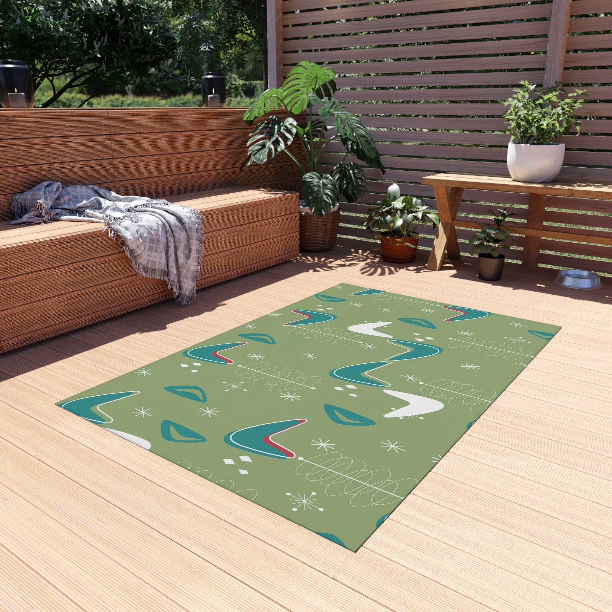 Mid Century Modern Designed, Boomerang Green, Teal, White, Mid Mod Atomic Space Indoor Outdoor Rug Home Decor 48" × 72"