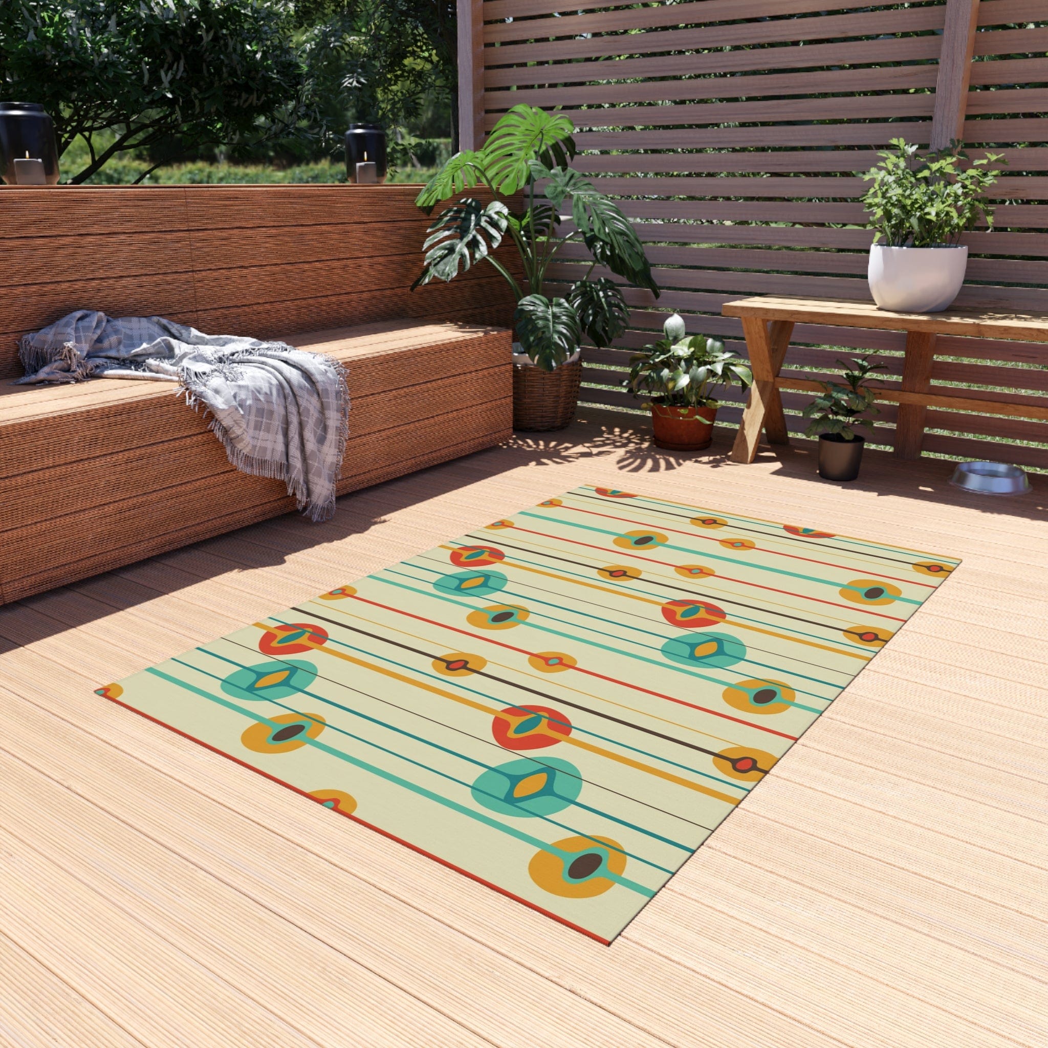 Mid Century Modern Geometric, MCM Indoor, Outdoor Rug, Teal, Aqua, Burnt Orange, Mustard Yellow, California, Florida Patio Rug Home Decor 48" × 72"
