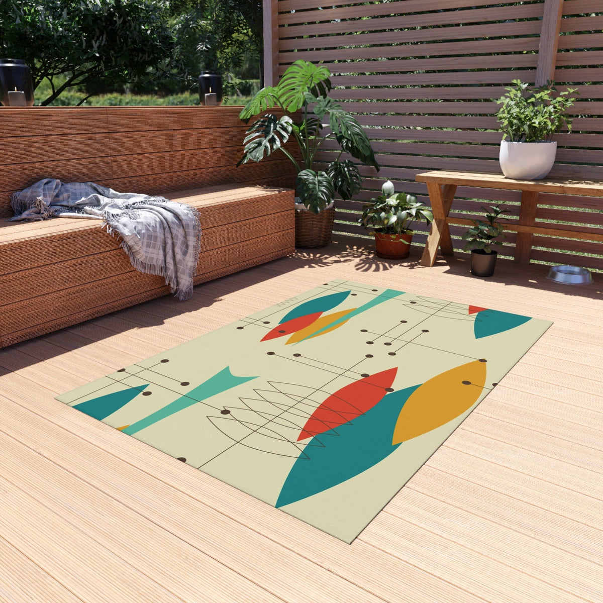 Mid Century Modern Geometric Ovals, Linear Lines, Mid Mod Indoor, Outdoor Rug Home Decor 48" × 72"