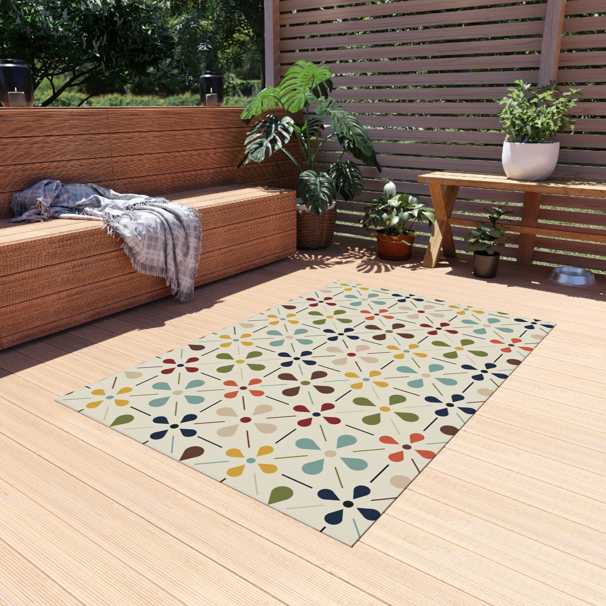 Mid Century Modern Scandinavian Flower, Mid Mod Retro Beige, Green, Aqua, Green, Orange, Indoor-Outdoor Rug Home Decor 48" × 72"