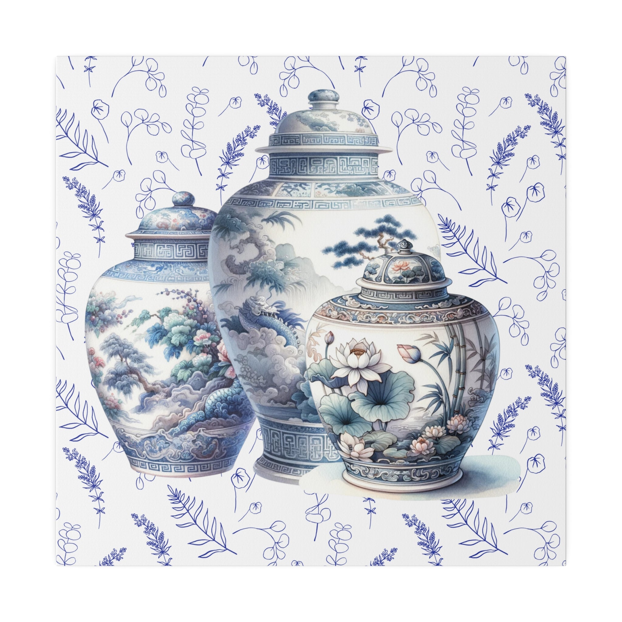 Chinoisere Wall Art, Set Of Three Ginger Jars In Watercolor, Pastels, Southern Home Living, Matte Canvas - Mid Century Modern Gal