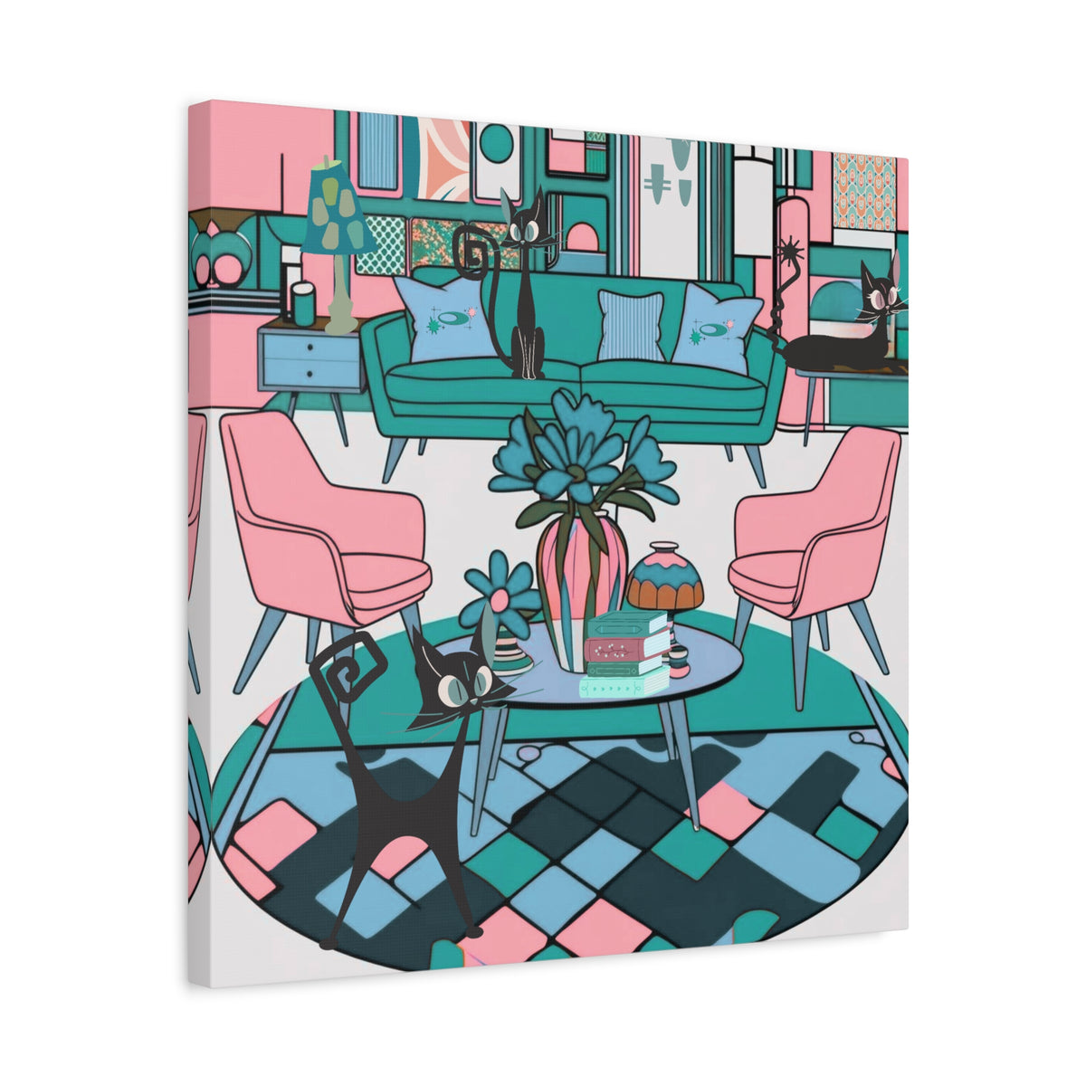 Atomic Cat Mid Century Modern Wall Art Colorful Cat-Themed Canvas Art - Mid Century Modern Gal