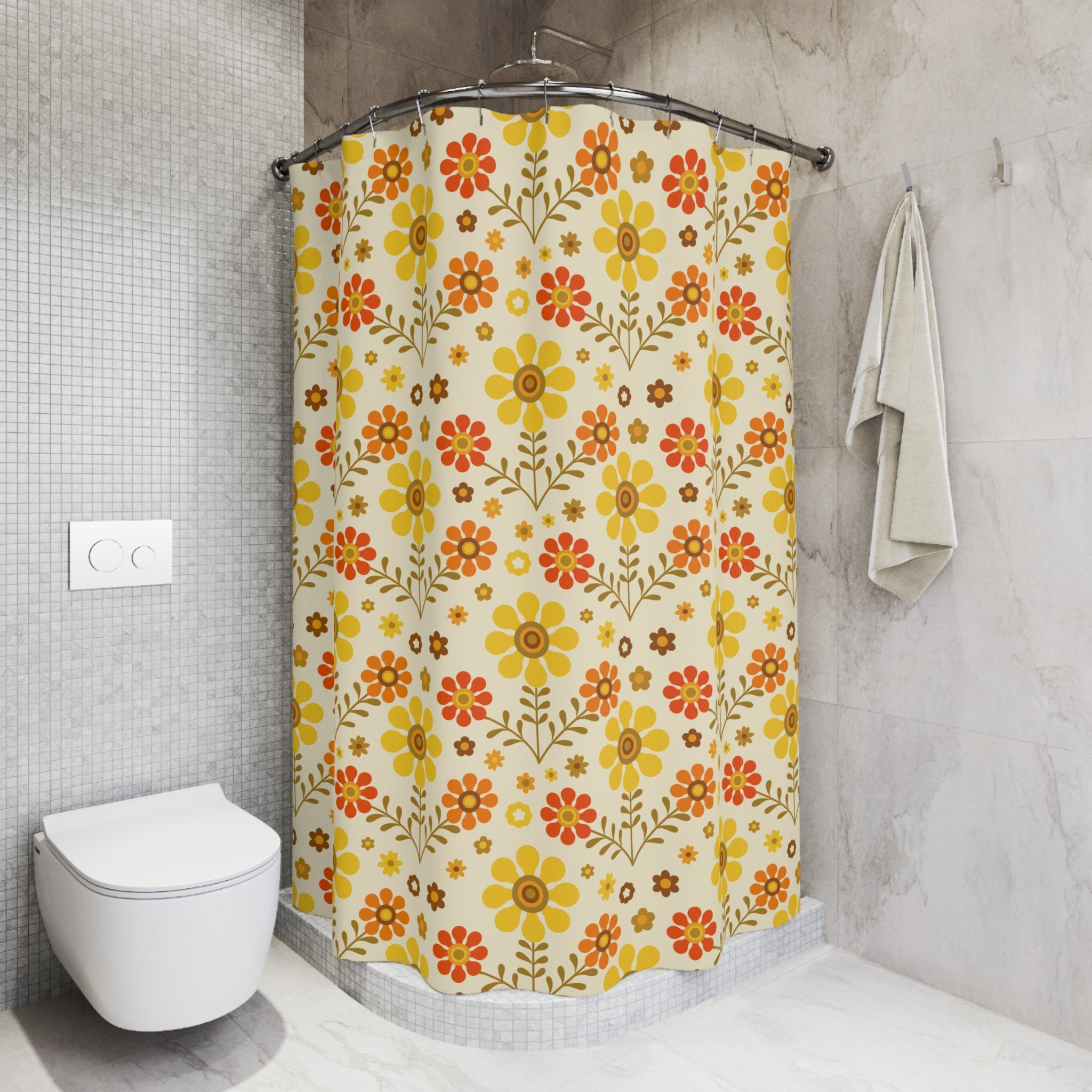 1970s Groovy Flower Power Golden Yellow, Orange Pop Of Funky Fun Shower Curtain - Mid Century Modern Gal