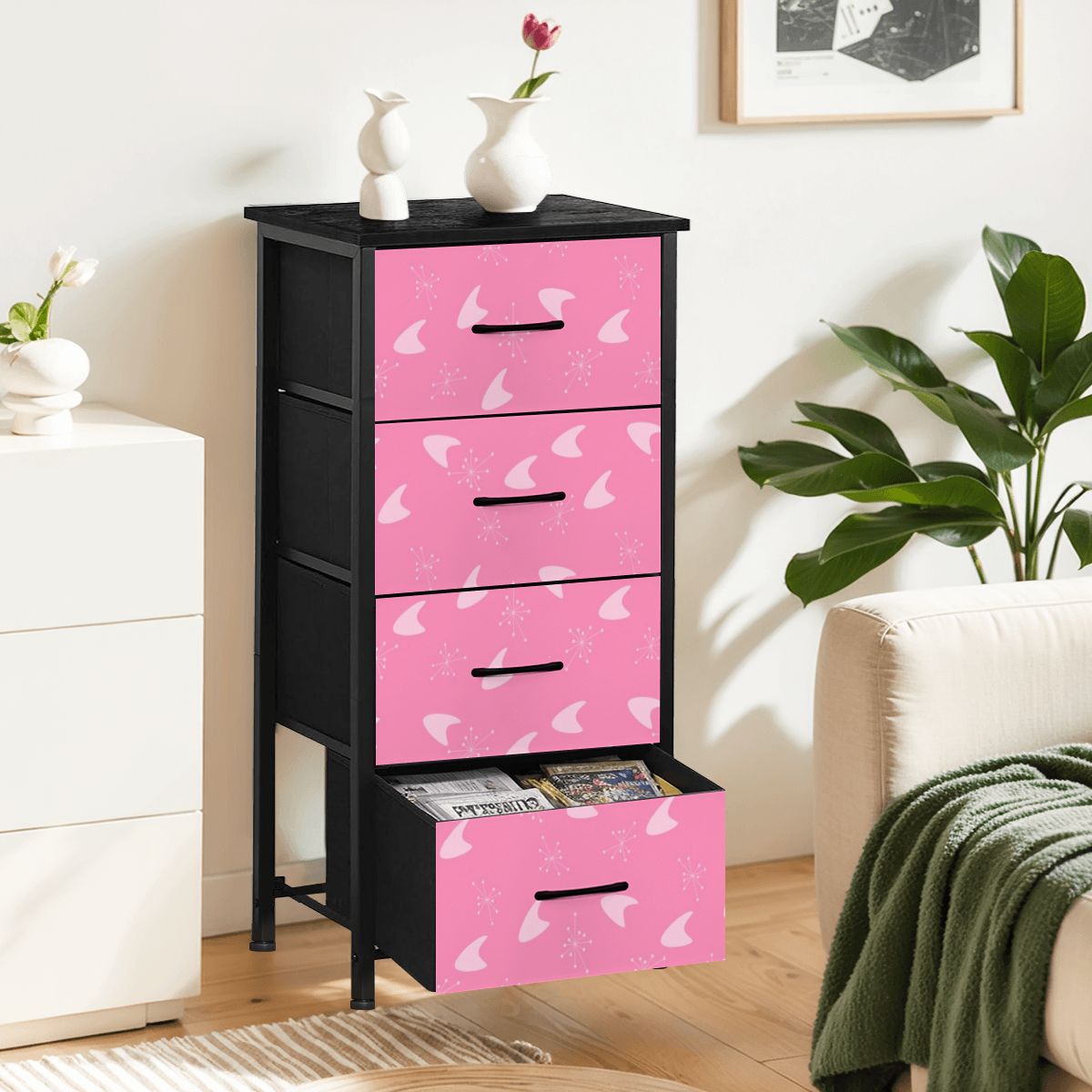 Atomic Boomerang and Starbursts Mid Mod Pink Retro 4-Drawer Dresser - Mid Century Modern Gal