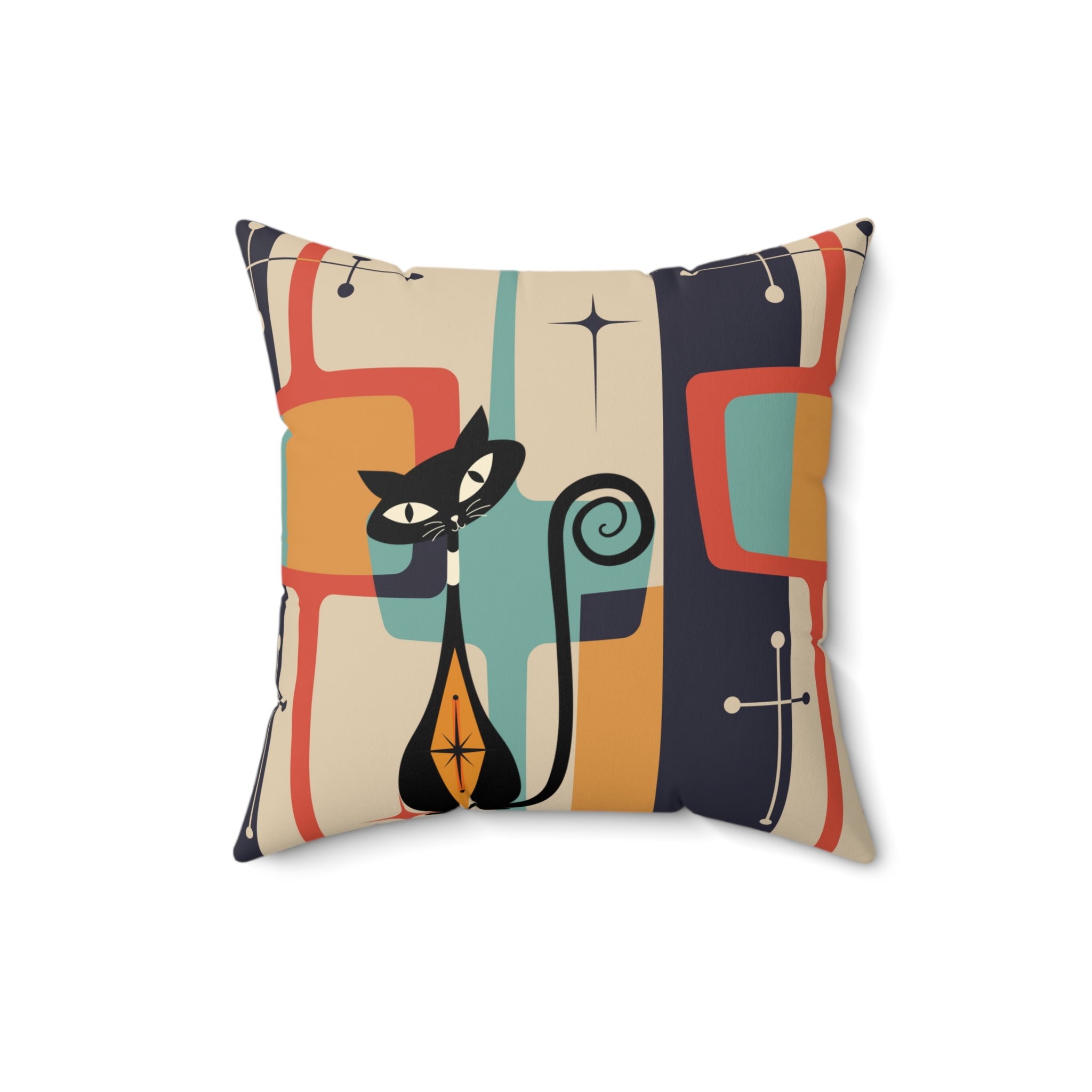 Atomic Cat Pillow, Mid Century Modern Geometric Retro Pillow And Insert - Mid Century Modern Gal