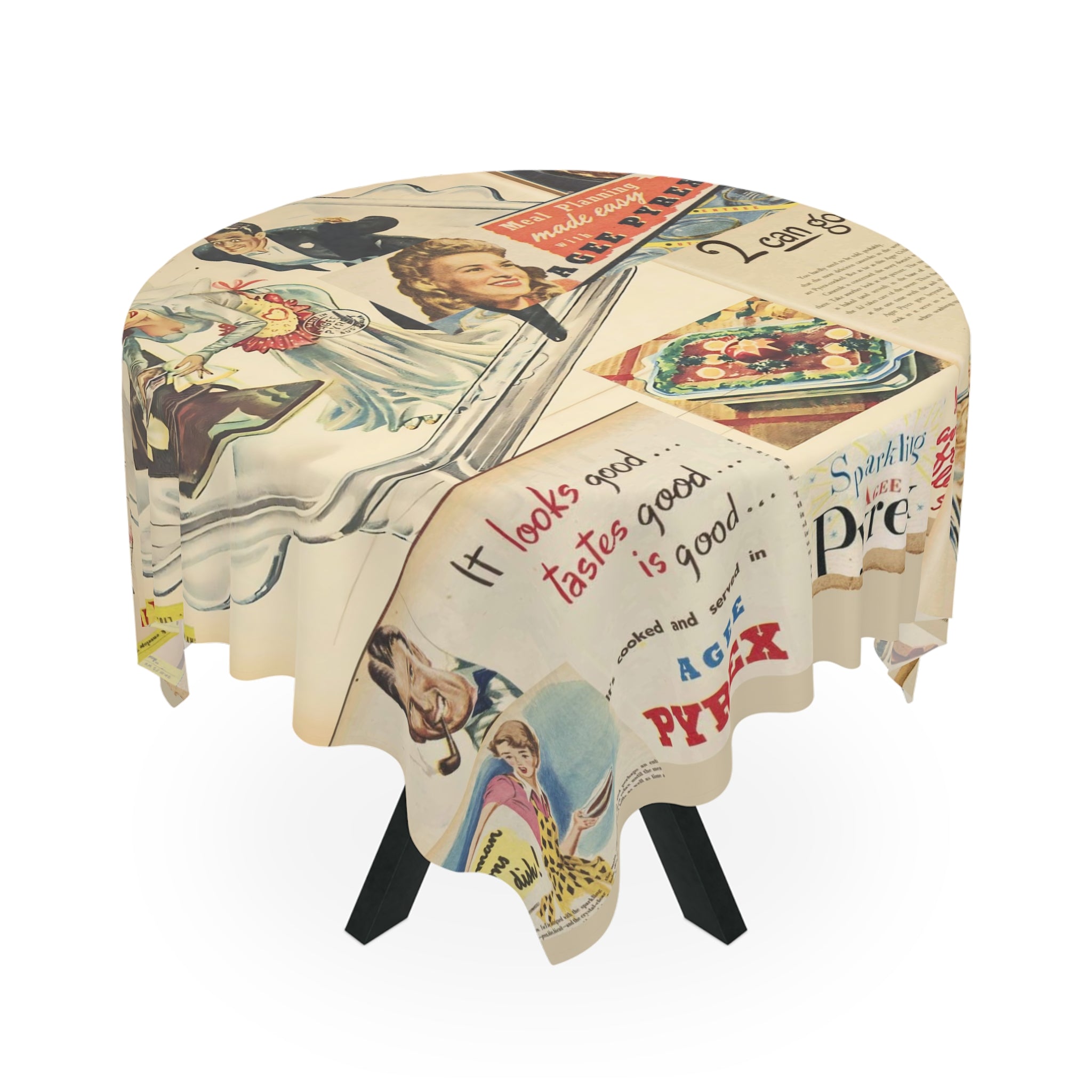 Vintage Pyrex Ads, Kitschy Fun Mid Mod Tablecloth - Mid Century Modern Gal