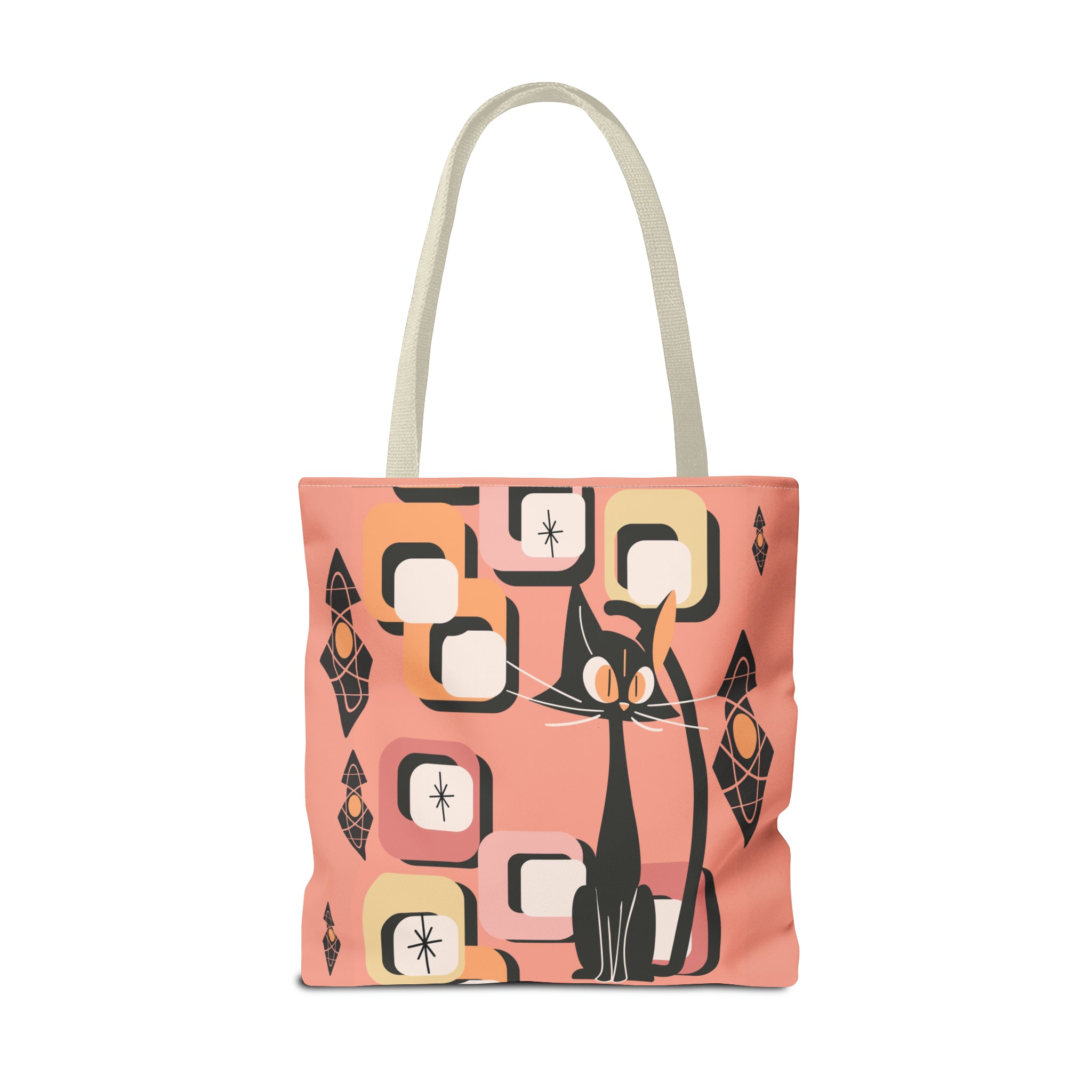 Atomic Cat Tote Bag, Coral Color, Mid Century Modern Geometric Designs, Mid Mod Retro Apparel