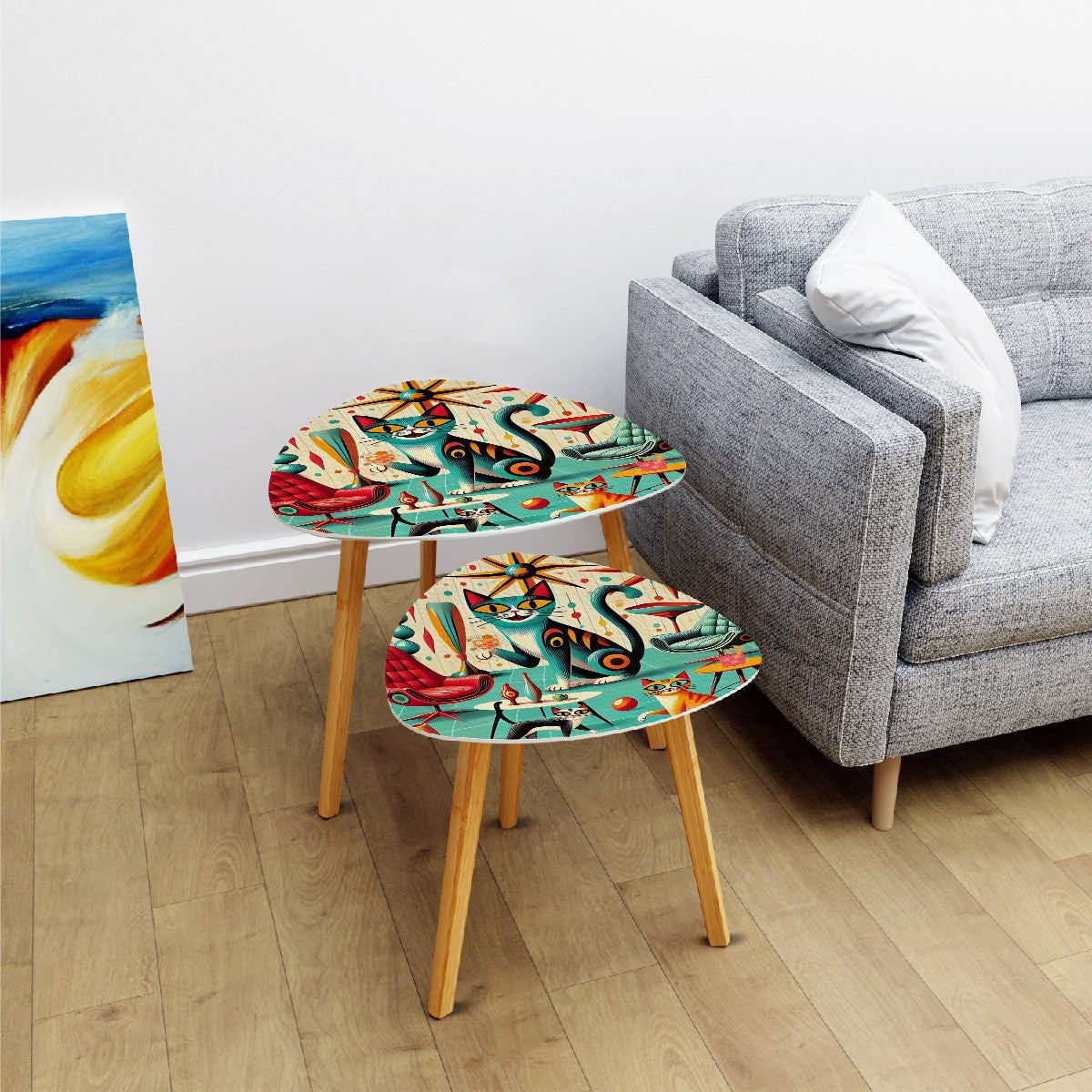 Mid Century Modern Nesting Tables, Cats And Cocktails Triangle Coffee Table Set of 2 - Mid Century Modern Gal