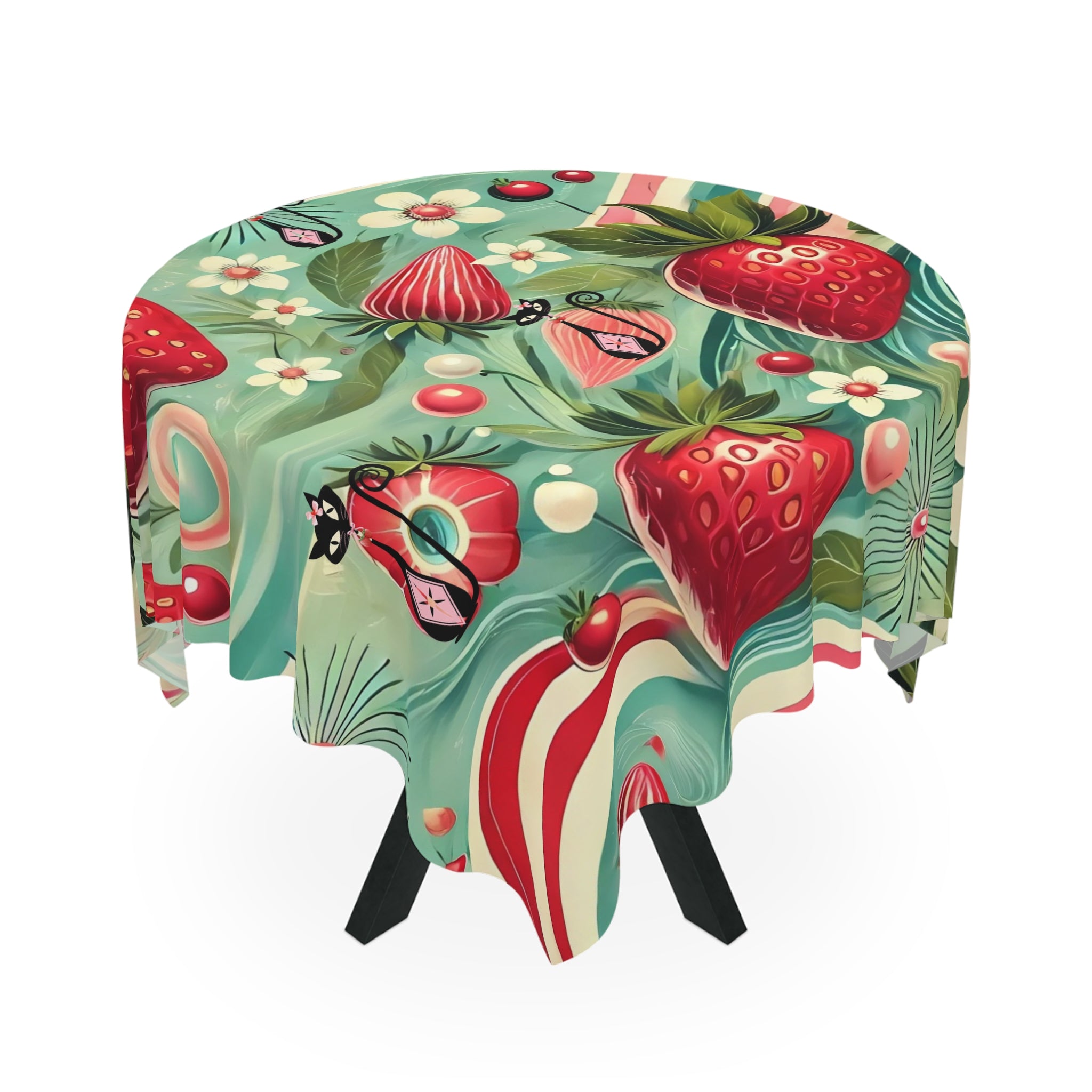 Atomic Cat, Vintage Cat and Strawberry Tablecloth - Perfect for Summer Gatherings & Celebrations - Mid Century Modern Gal