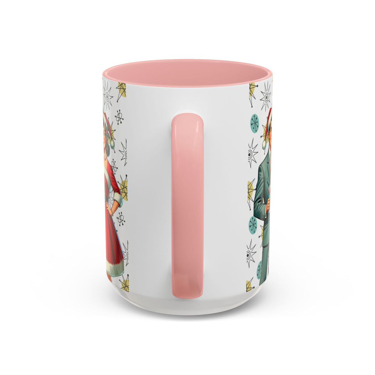 Mid Century Modern 50s Christmas mug featuring Franciscan Starburst pattern with retro holiday characters and pink handle.
