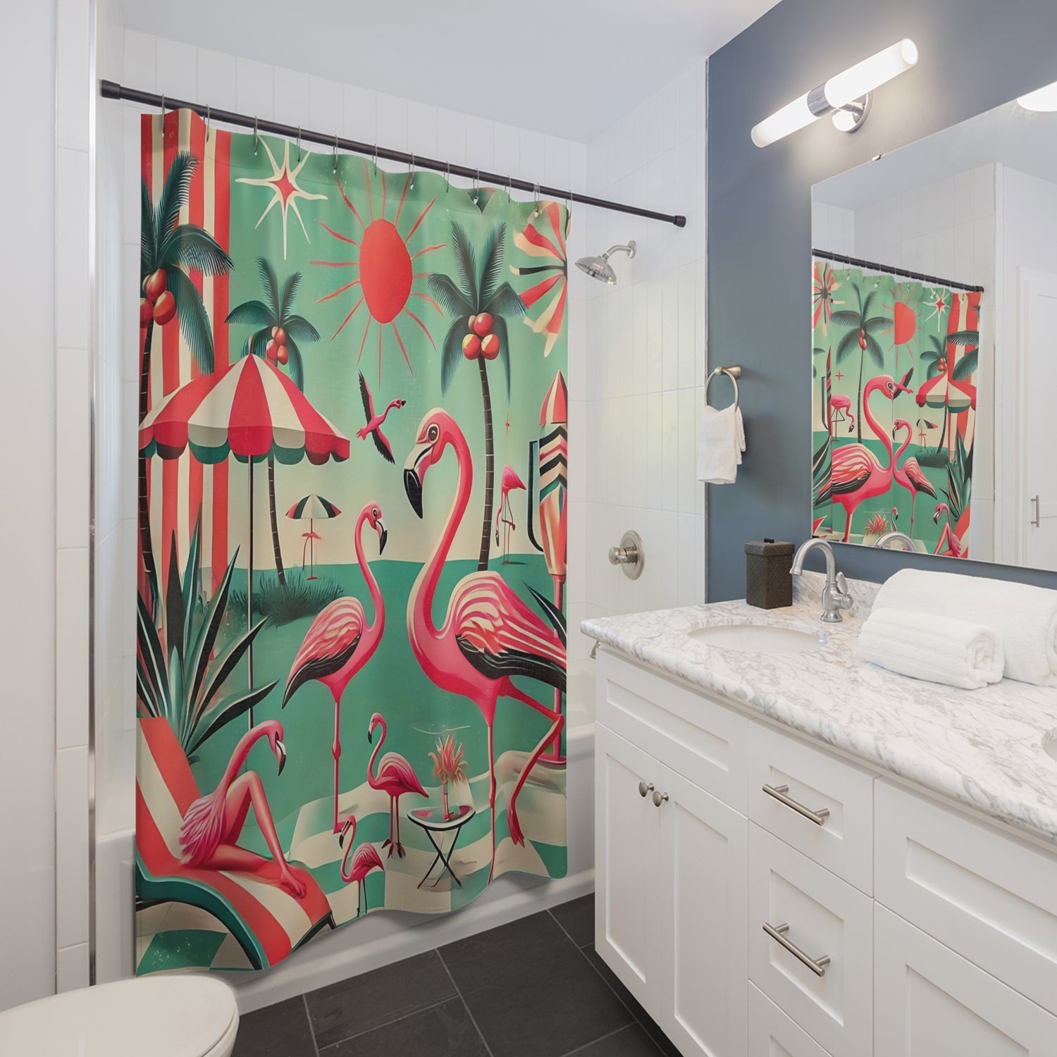 Flamingo Shower Curtain, Quirky Kitsch Mid Century Mod Bathroom Decor - Mid Century Modern Gal