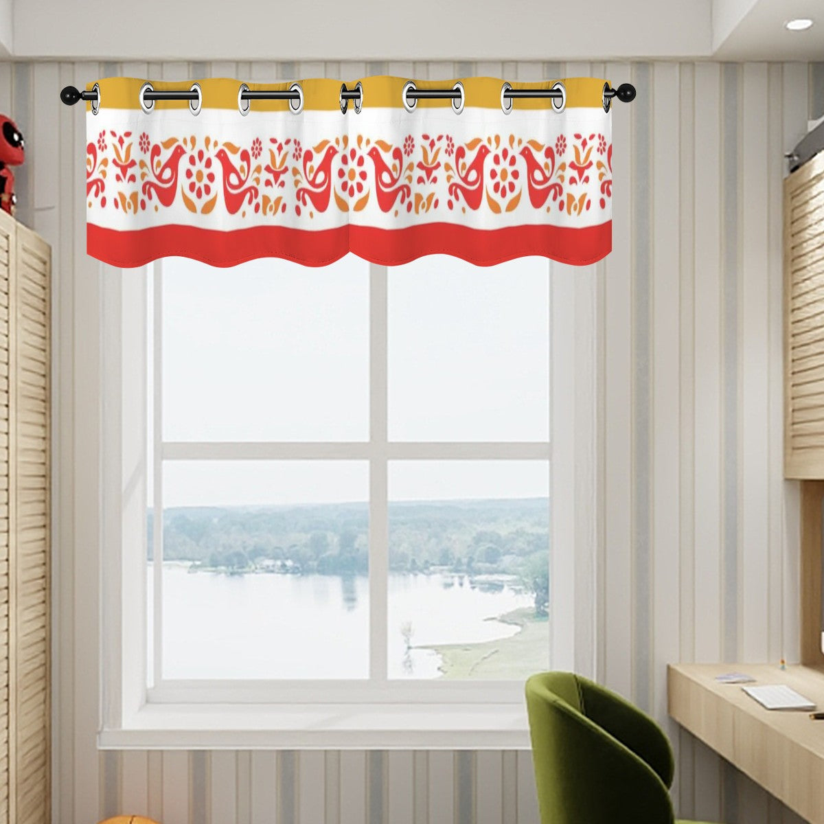 Pyrex Lover, Friendship Pattern, Red, Golden Yellow, Retro Kitsch Valance Curtains - Mid Century Modern Gal