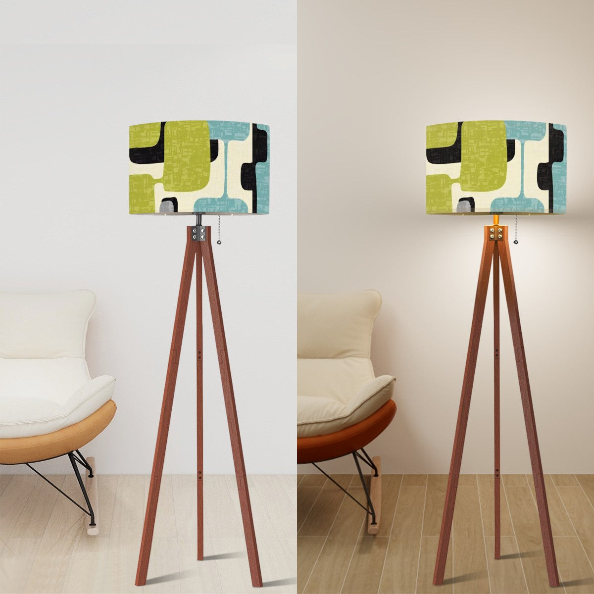 Mid Mod Retro Geometric Green, Aqua, Mid Century Modern Tripod Floor Lamp - Mid Century Modern Gal