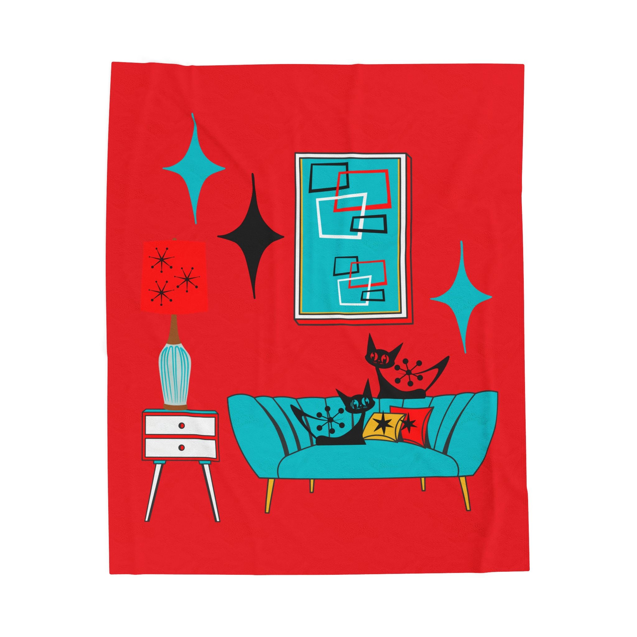 Atomic Cat Art, Cozy Mid Century Modern, Retro Red, Aqua Blue, Teal, Starburst, Black Cat Lover Sherpa Blanket - Mid Century Modern Gal
