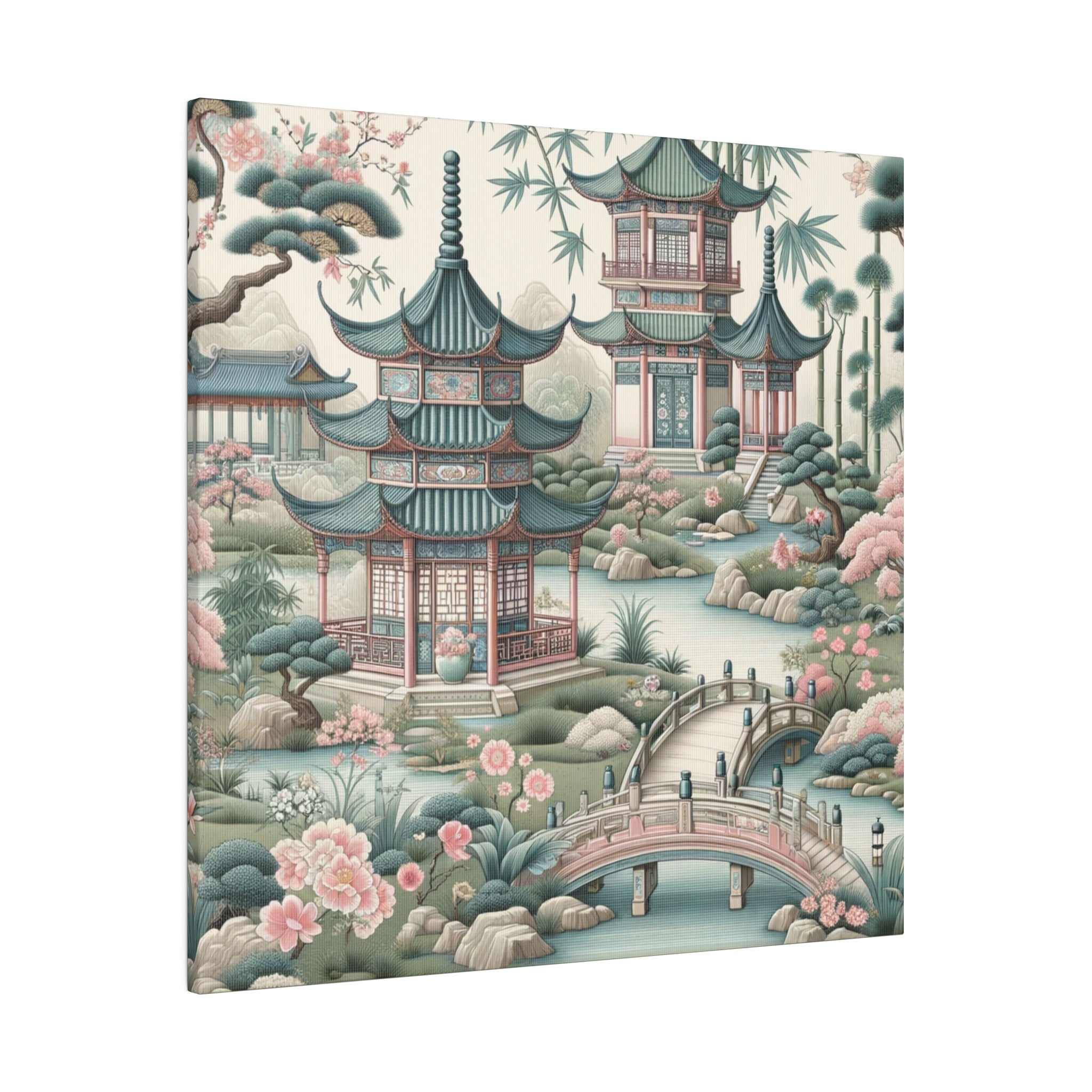 Chinoiserie Wall Art, Pagodas, Rivers, Pastel Southern Elegance Wall Art Matte Canvas - Mid Century Modern Gal