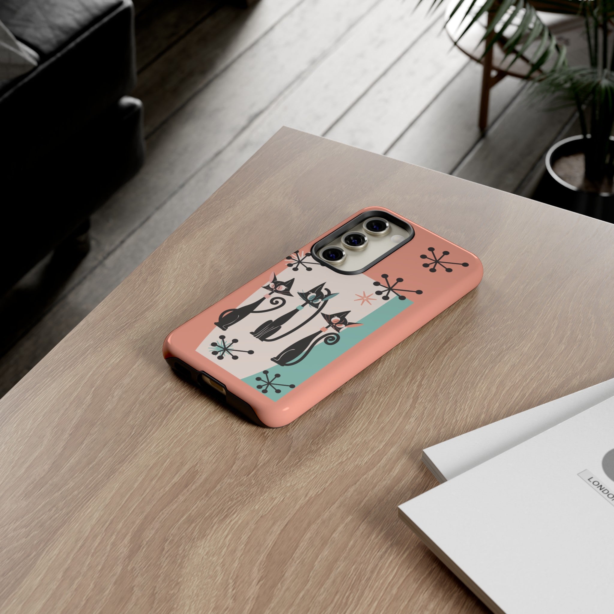 Atomic Cat Mid Mod Coral Aqua Blue Starburst Kitschy Fun Chic Samsung, Smart Phones Tough Cases - Mid Century Modern Gal