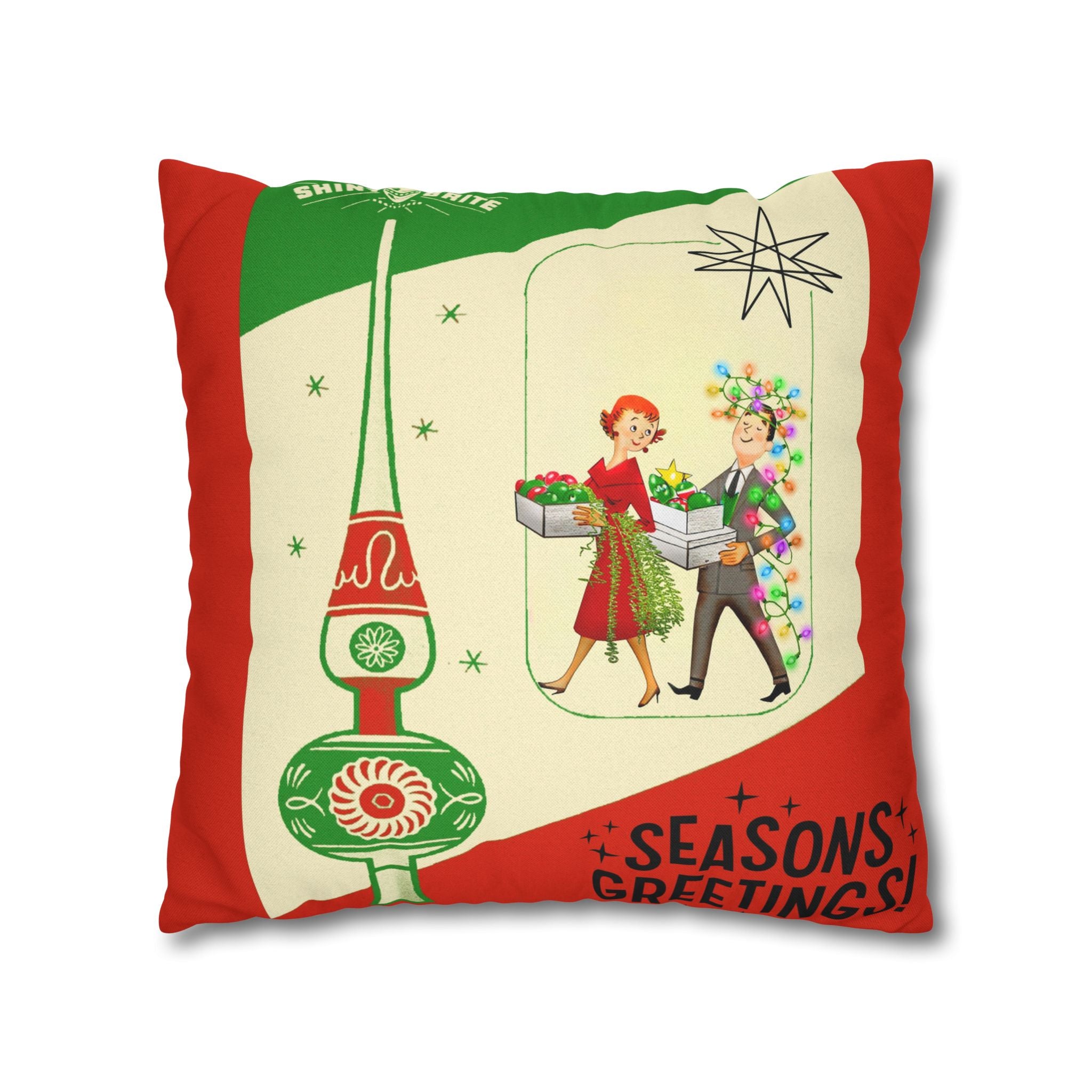 Shiny Brite Holiday Pillow Cover, Mid Century Modern Kitschy Couple Season Greetings - Mid Century Modern Gal