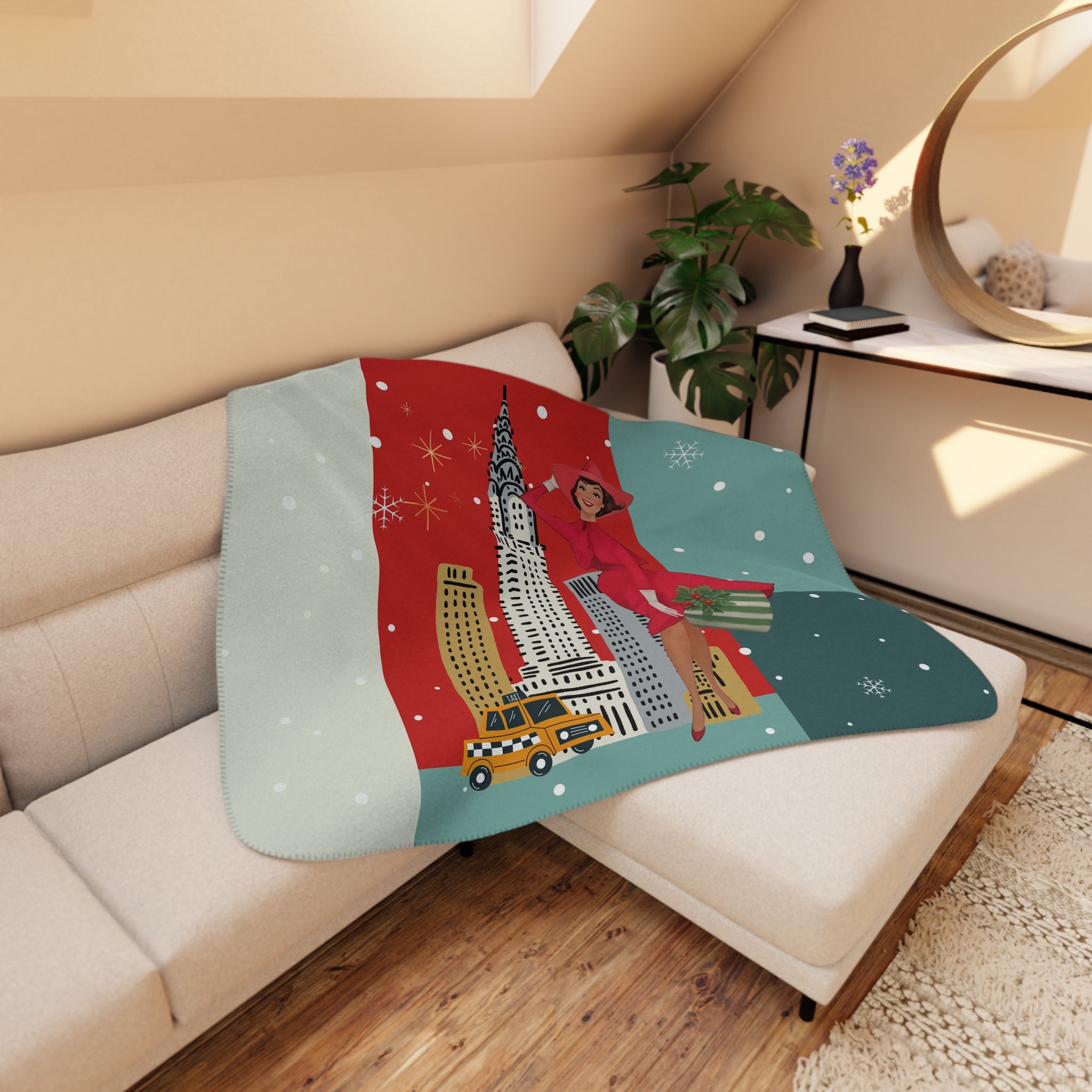 Mid Century Modern Christmas Kitsch Vintage New York Holiday Sherpa Blanket - Mid Century Modern Gal