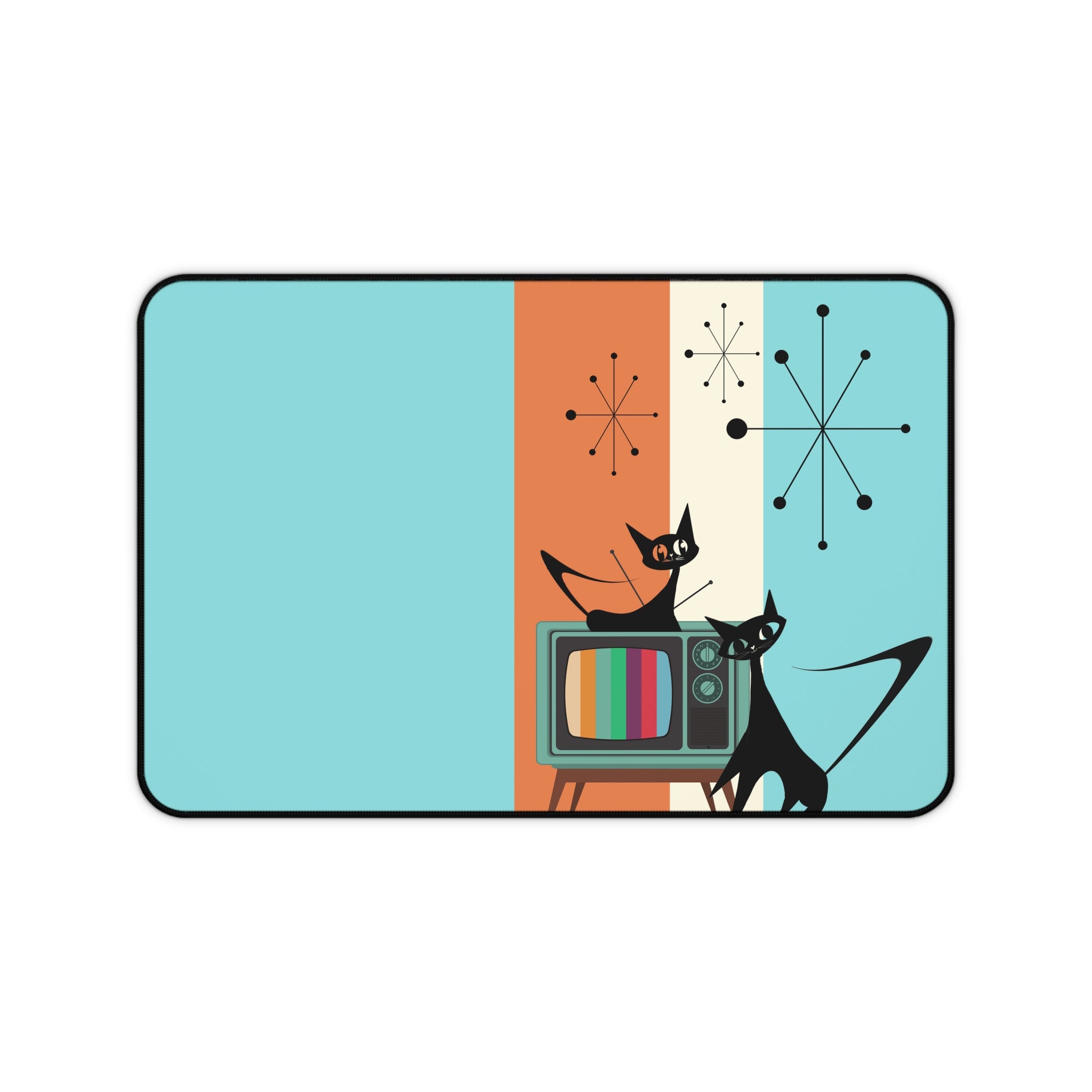 Atomic Cat, Aqua, Retro Mid Mod, Starburst, Orange, Cool Mid Century Modern Desk Mat - Mid Century Modern Gal