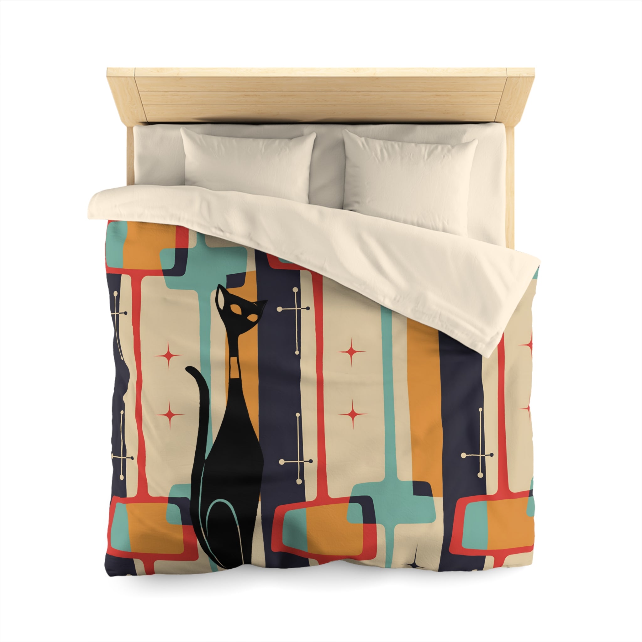 Atomic Cat, Mid Century Modern Bedding, Geometric, Slate, Beige, Burnt Orange, Golden Mustard Yellow, Aqua Blue, Retro Queen Duvet Cover - Mid Century Modern Gal