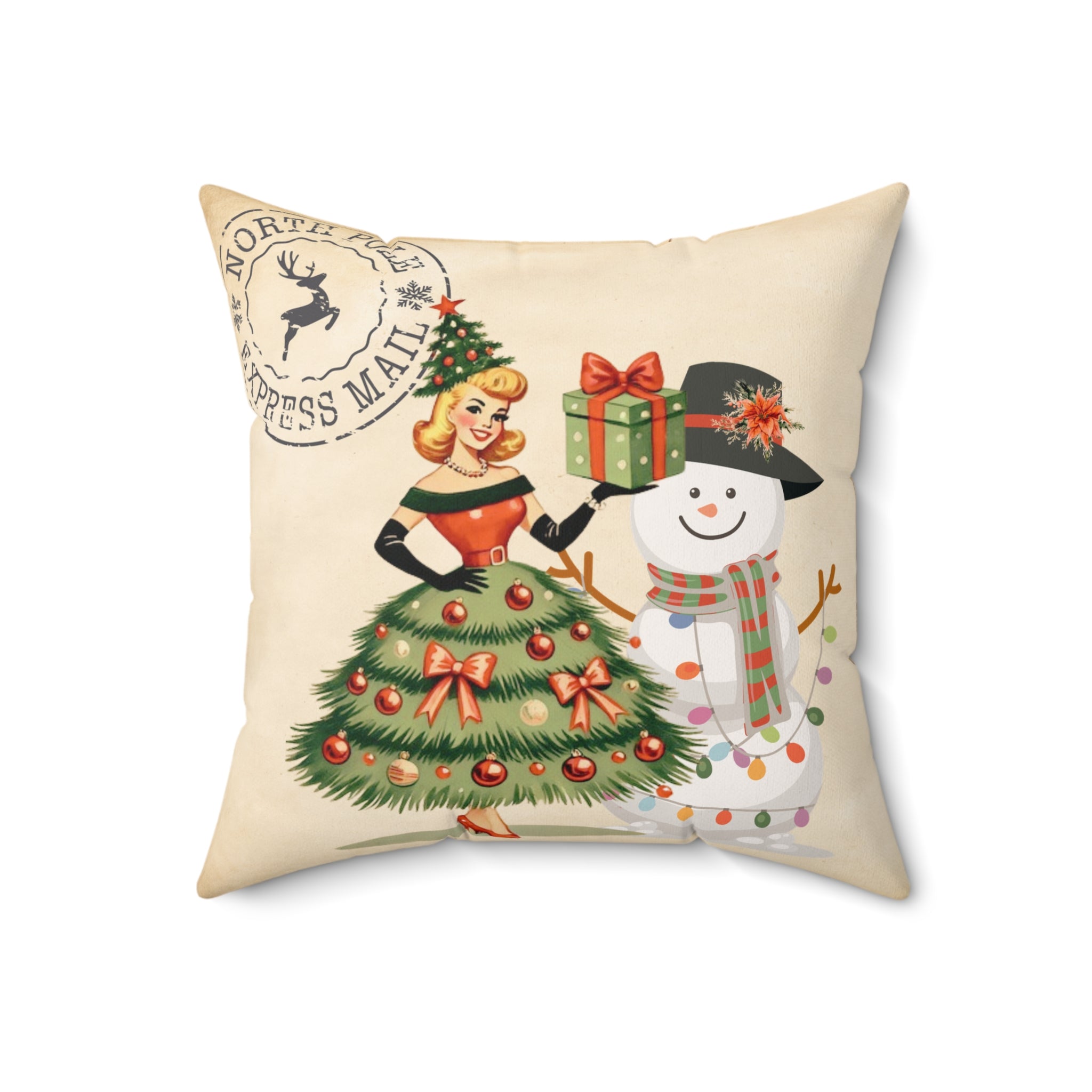 Vintage Christmas Pillow - Retro Santa with Snowman Design - Mid Century Modern Gal