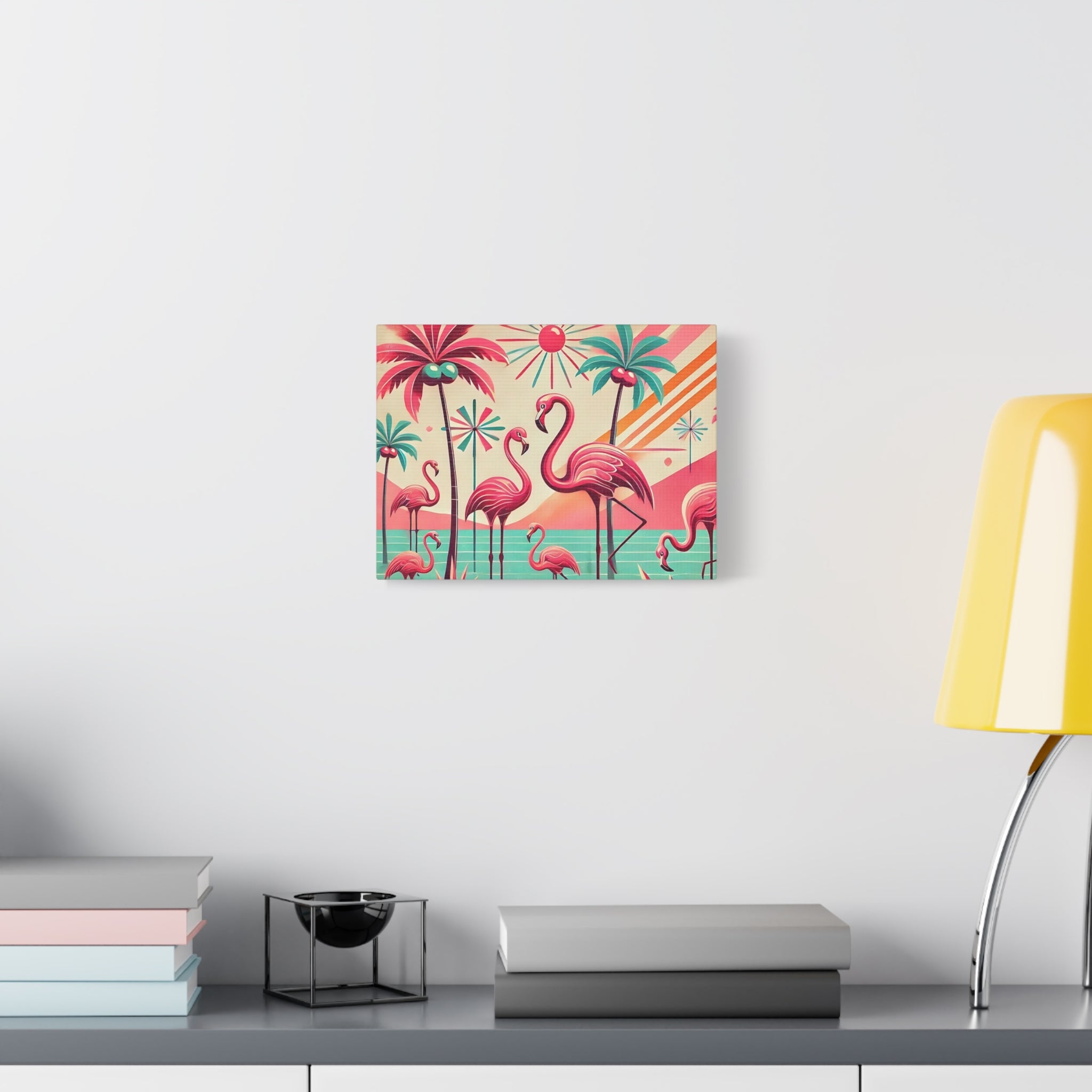 1950s Mid Century Modern Flamingo Art, Kitschy Pink, Teal, MCM Matte Canvas - Mid Century Modern Gal