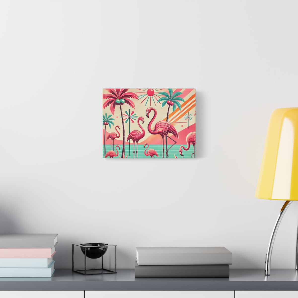 1950s Mid Century Modern Flamingo Art, Kitschy Pink, Teal, MCM Matte Canvas - Mid Century Modern Gal