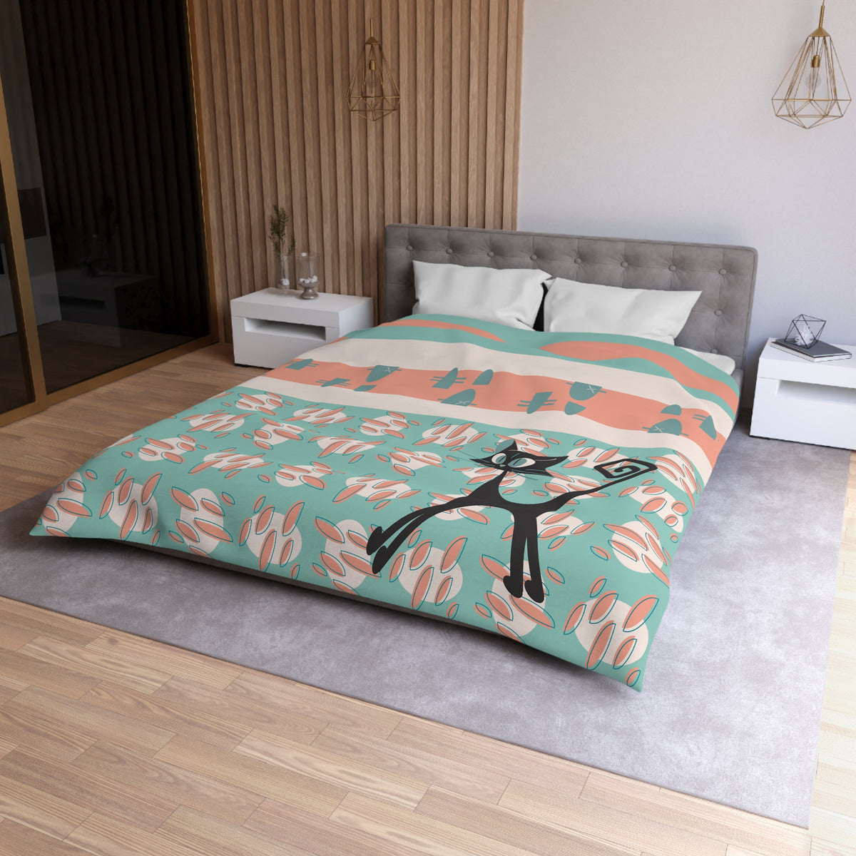 50s Nostalgic Atomic Cat Mid Century Modern Aqua, Coral Pink Peach, Kitschy Mid Century Modern Duvet Cover - Mid Century Modern Gal