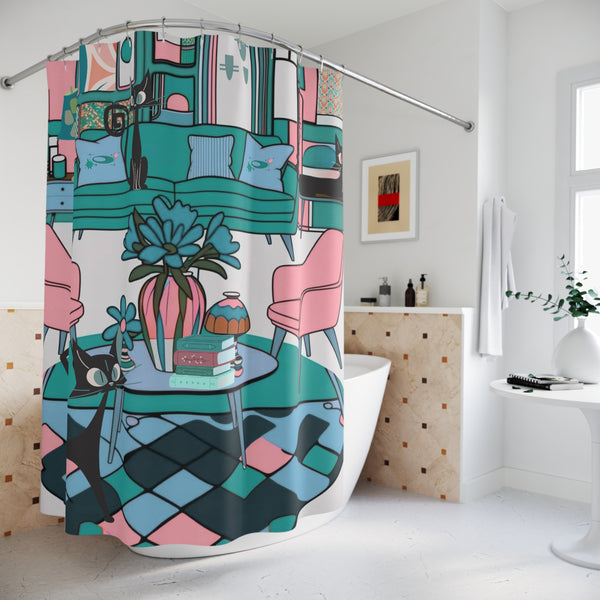 Atomic Cat Mid Century Modern Quirky Whimiscal Cat-Themed Shower Curtain for Trendy Home Décor