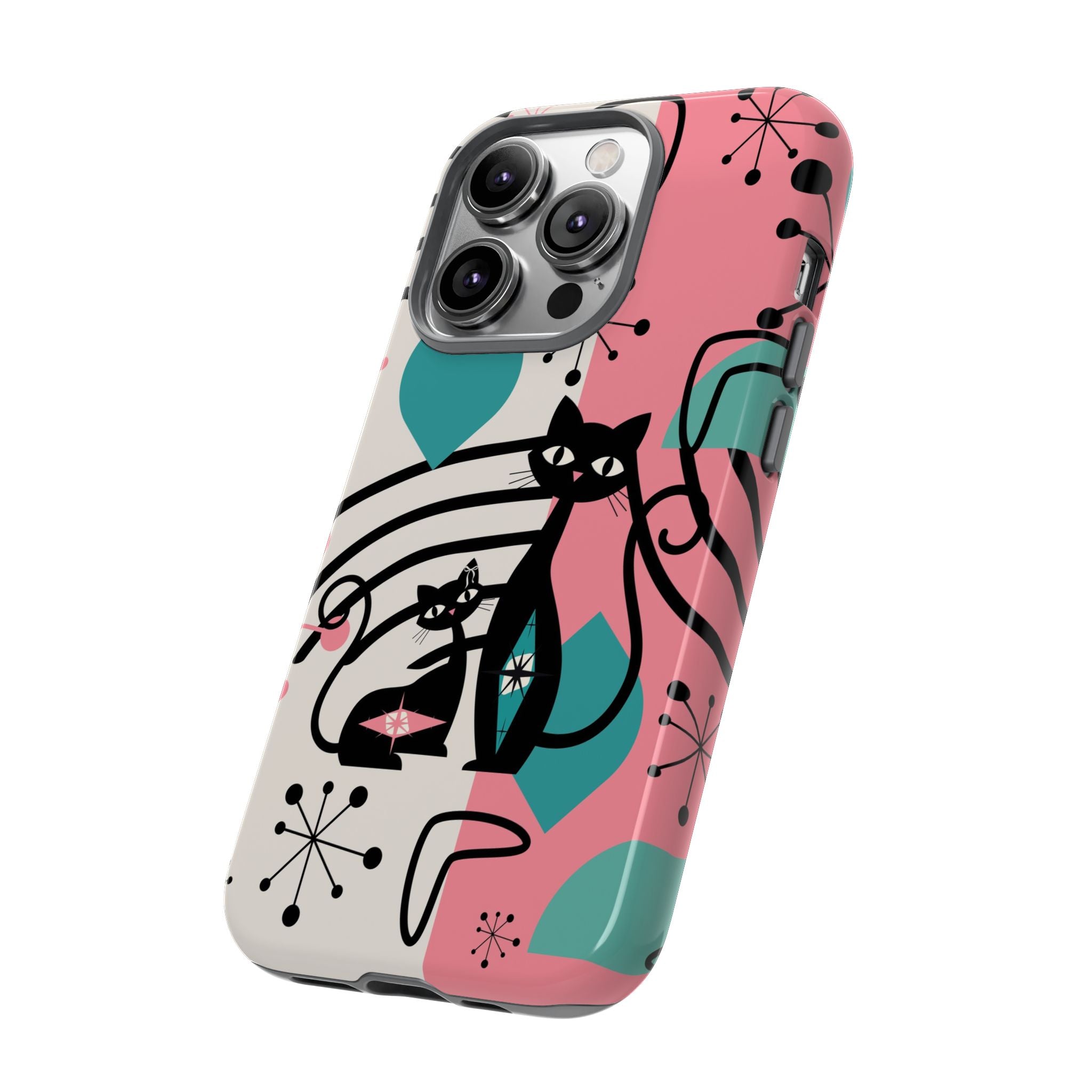Mid Mod Atomic Cat Boomerang Starburst, Pink, Black Kitschy Stylish Cat Phone Case: Modern Design for Cat Lovers