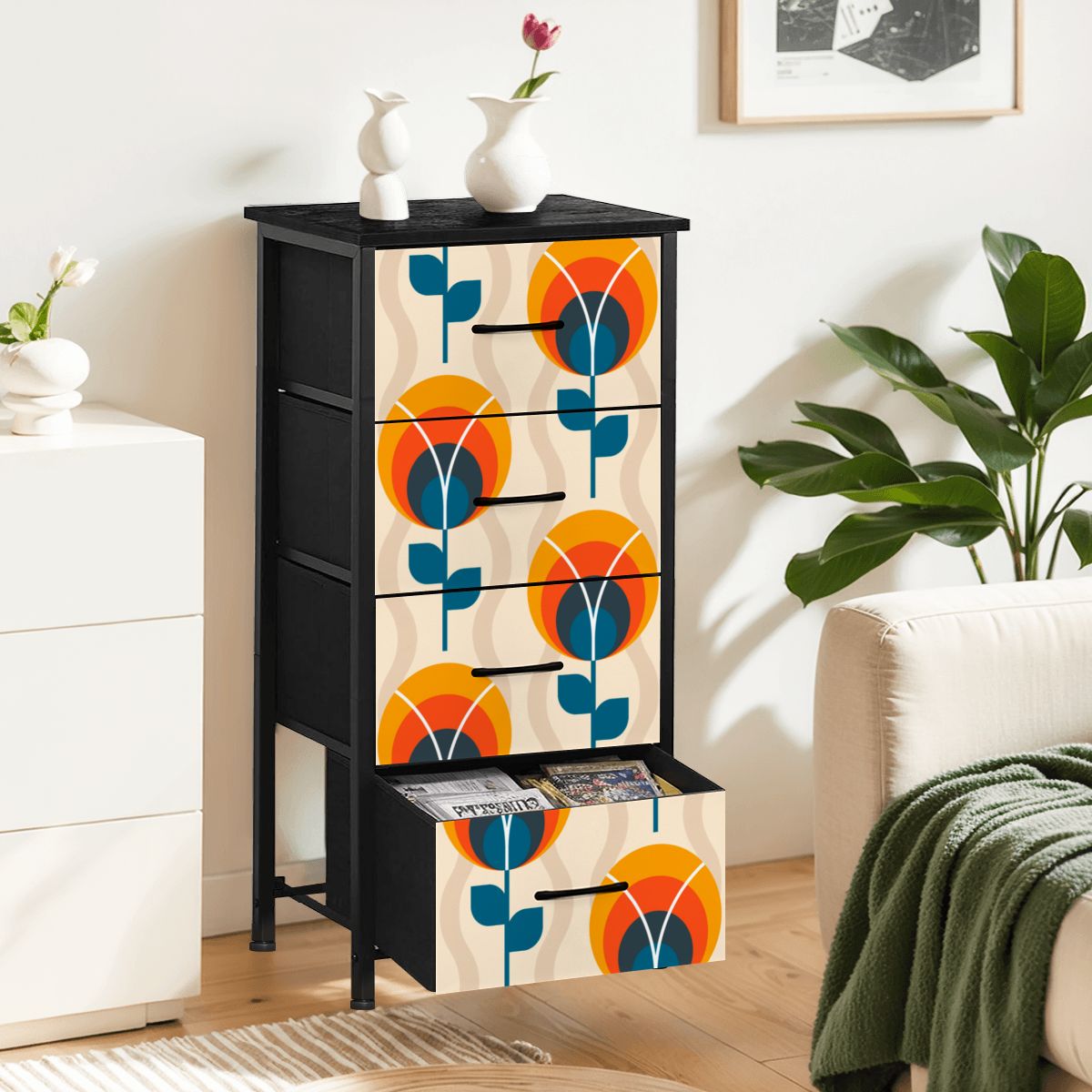 Scandinavian Designed Mid Century Modern Orange Blue Floral Design 4-Drawer Dresser - Mid Century Modern Gal