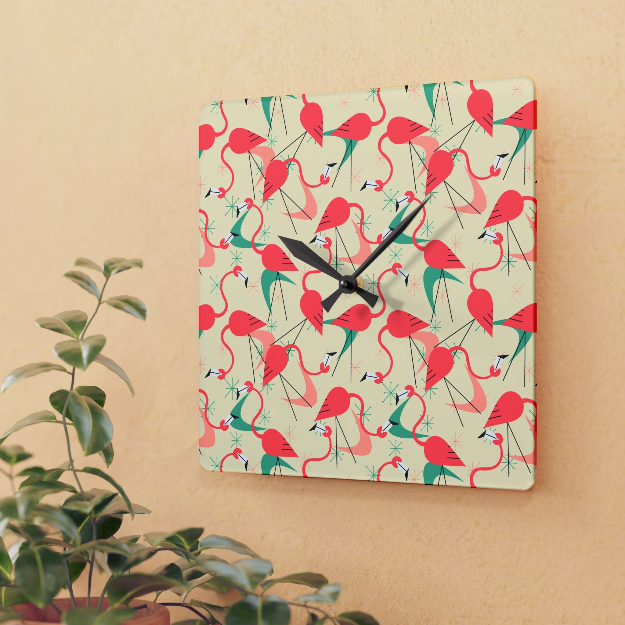 Tropical Retro Dancing Flamingos Acrylic Wall Clock - Fun and Colorful Home Decor - Mid Century Modern Gal
