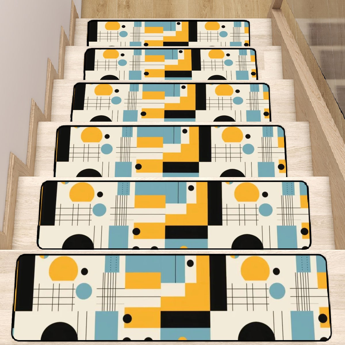Mid Century Modern Bauhaus Designed Blue, Yellow Black,Non Slip Carpet for Stairs Treads - Mid Century Modern Gal