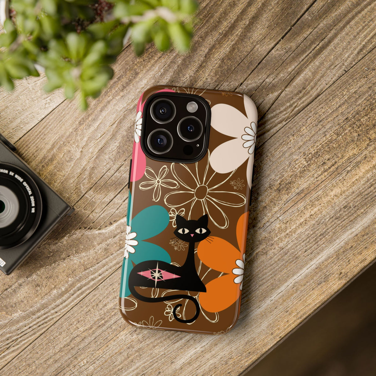 Atomic Cat Retro 70s Vibe Flower Power Tough Cases: Cute Floral and Cat Phone Case for Cat Lovers
