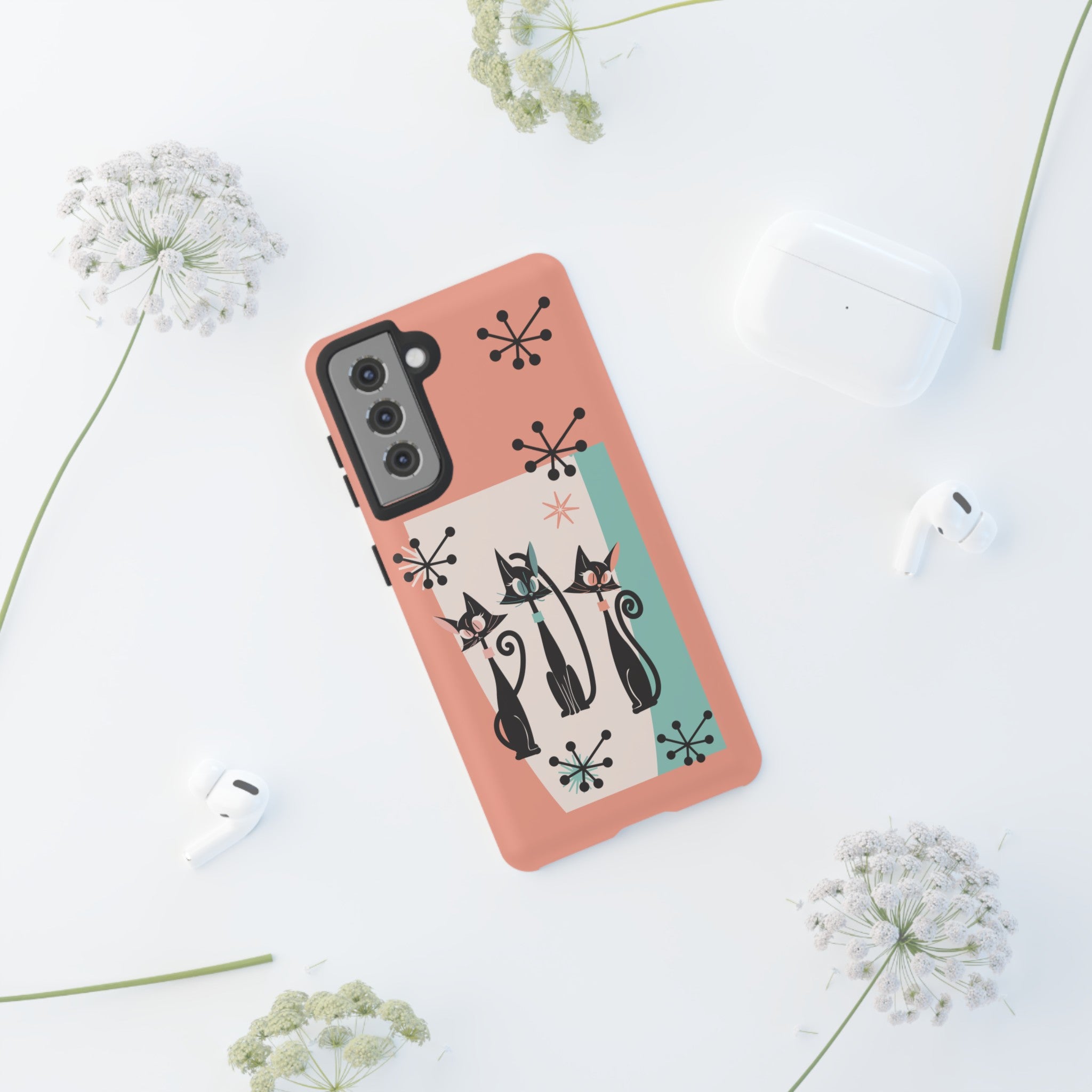 Atomic Cat Mid Mod Coral Aqua Blue Starburst Kitschy Fun Chic Samsung, Smart Phones Tough Cases - Mid Century Modern Gal