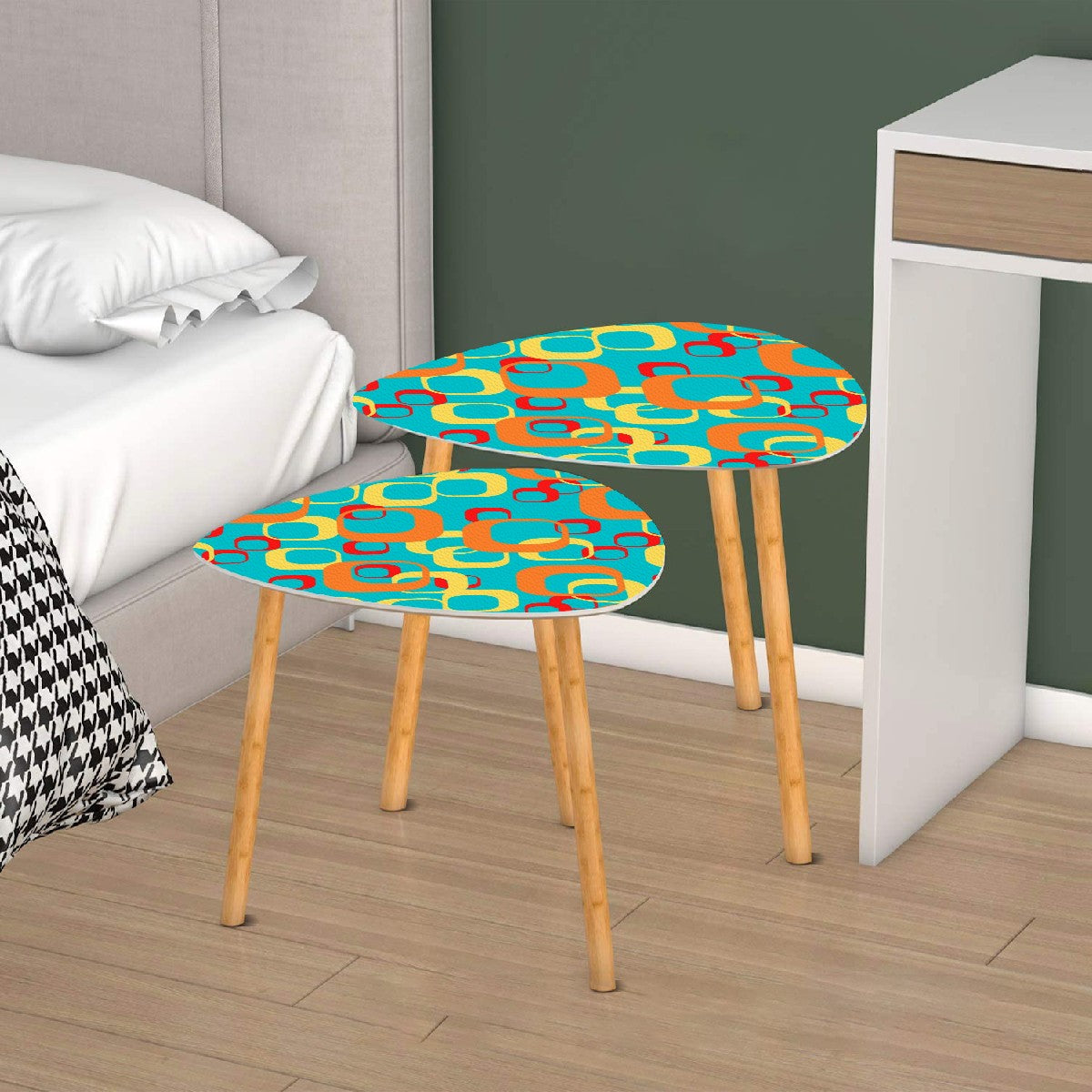Mid Century Modern Designed Nesting Tables, Geometric Teal, Orange Yellow Mod Tables - Mid Century Modern Gal